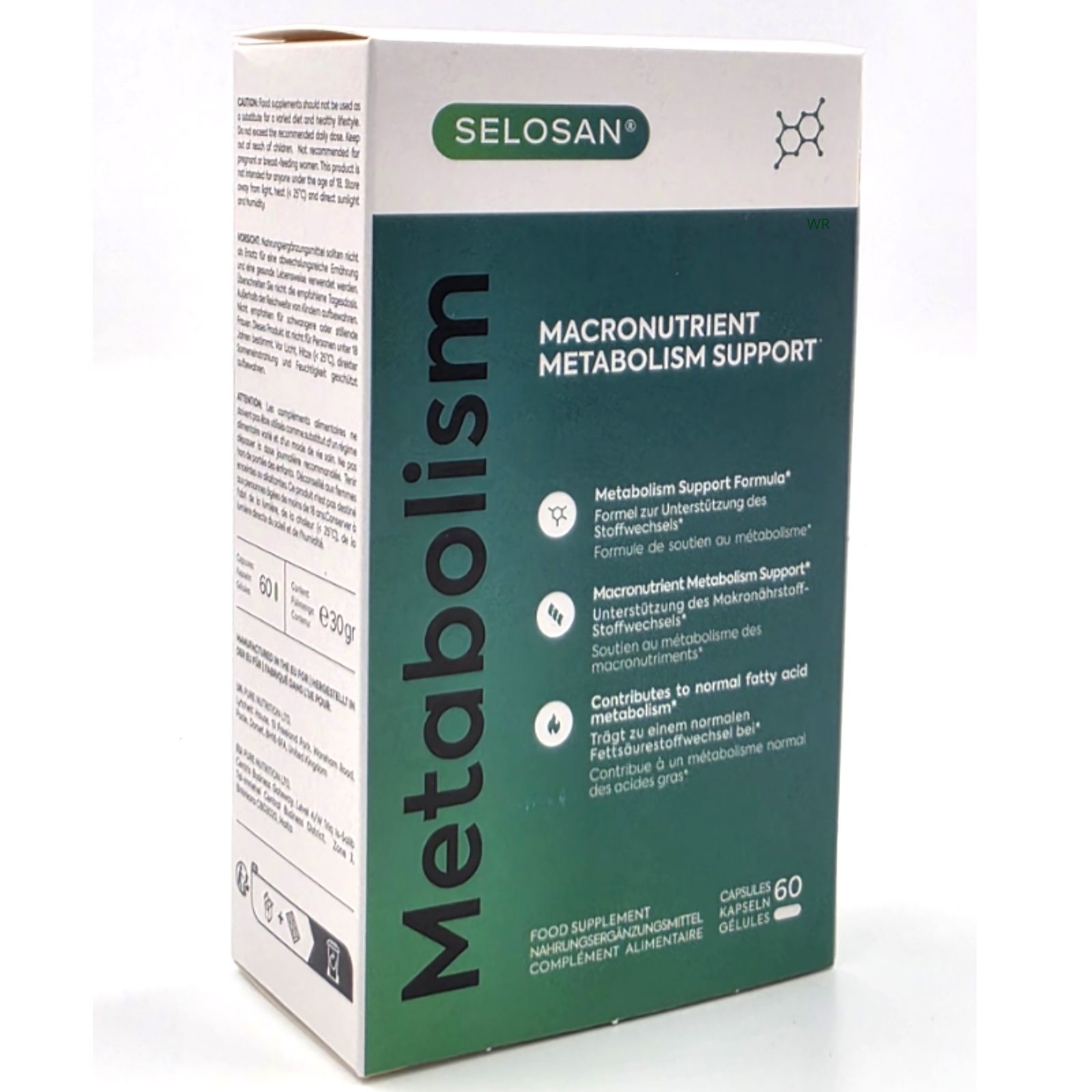 Weiß-grüne Schachtel mit Selosan Kapseln. Aufschrift: "Metabolism", "Macronutrient Metabolism Support". Enthält 60 Kapseln.