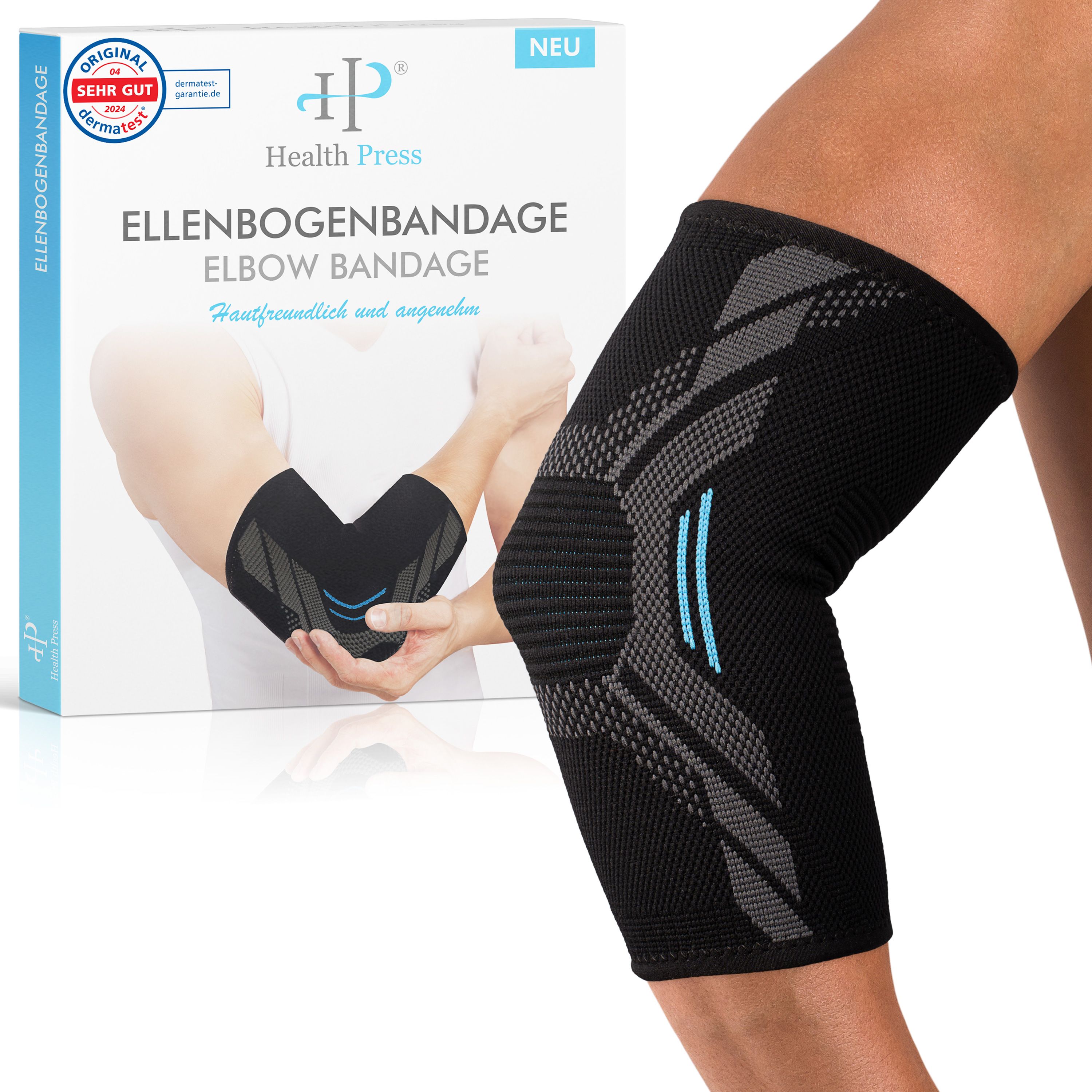 Verpackung und schwarze Ellenbogenbandage mit grauem Muster und blauen Streifen.