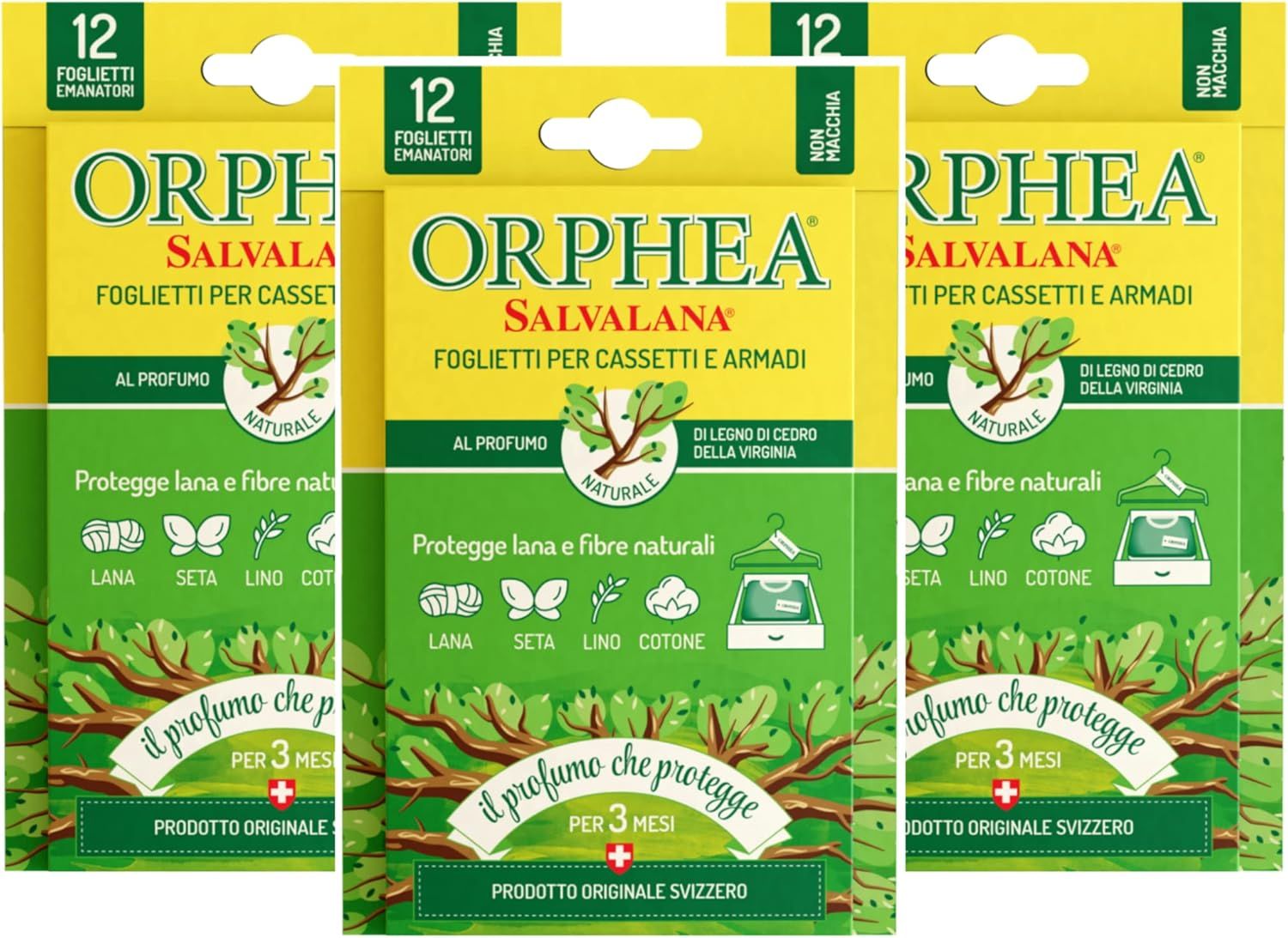 Orphea, Foglietti Salvalana per Cassetti e Armadi,per Lana e Vestiti, Profumo Legni di Cedro, 3 Pack