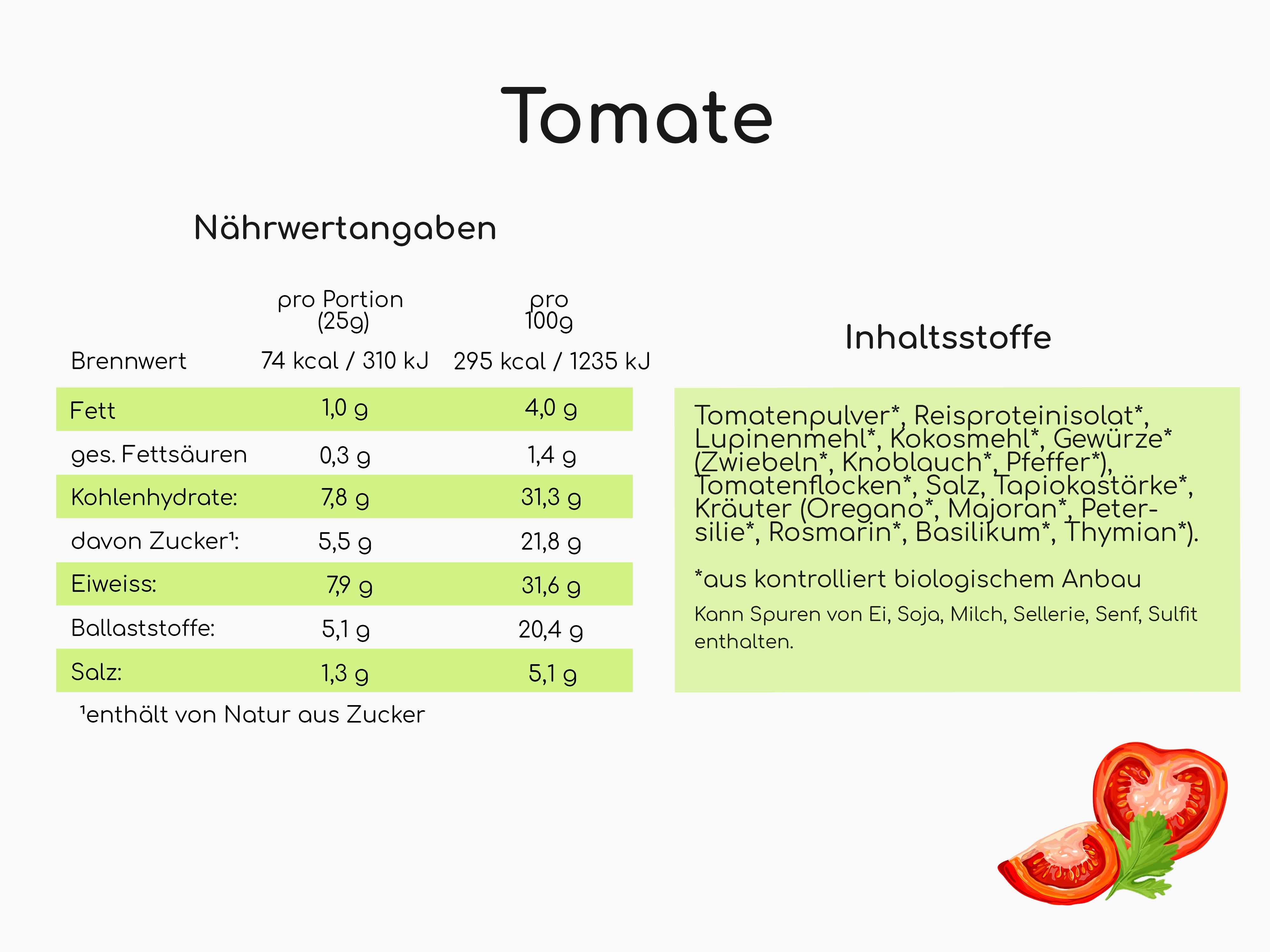 Nährwertangaben und Zutatenliste für VEPROSA Bio-Saucenpulver. Enthält Informationen zu Brennwert, Fett, Kohlenhydrate, Eiweiß, Salz.