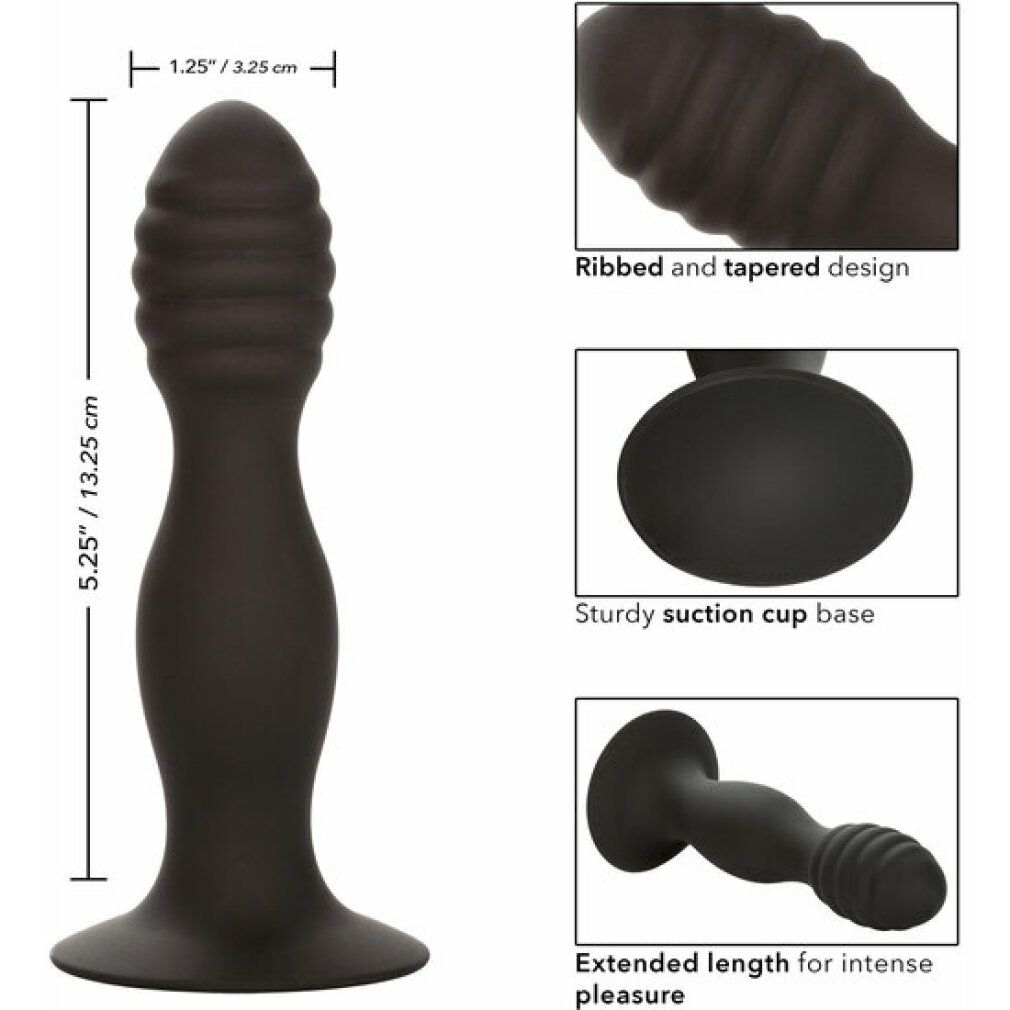 Schwarzer Anal-Stift mit gerippter Spitze und Saugnapf-Basis. Maße: 1,25 x 3,25 cm.