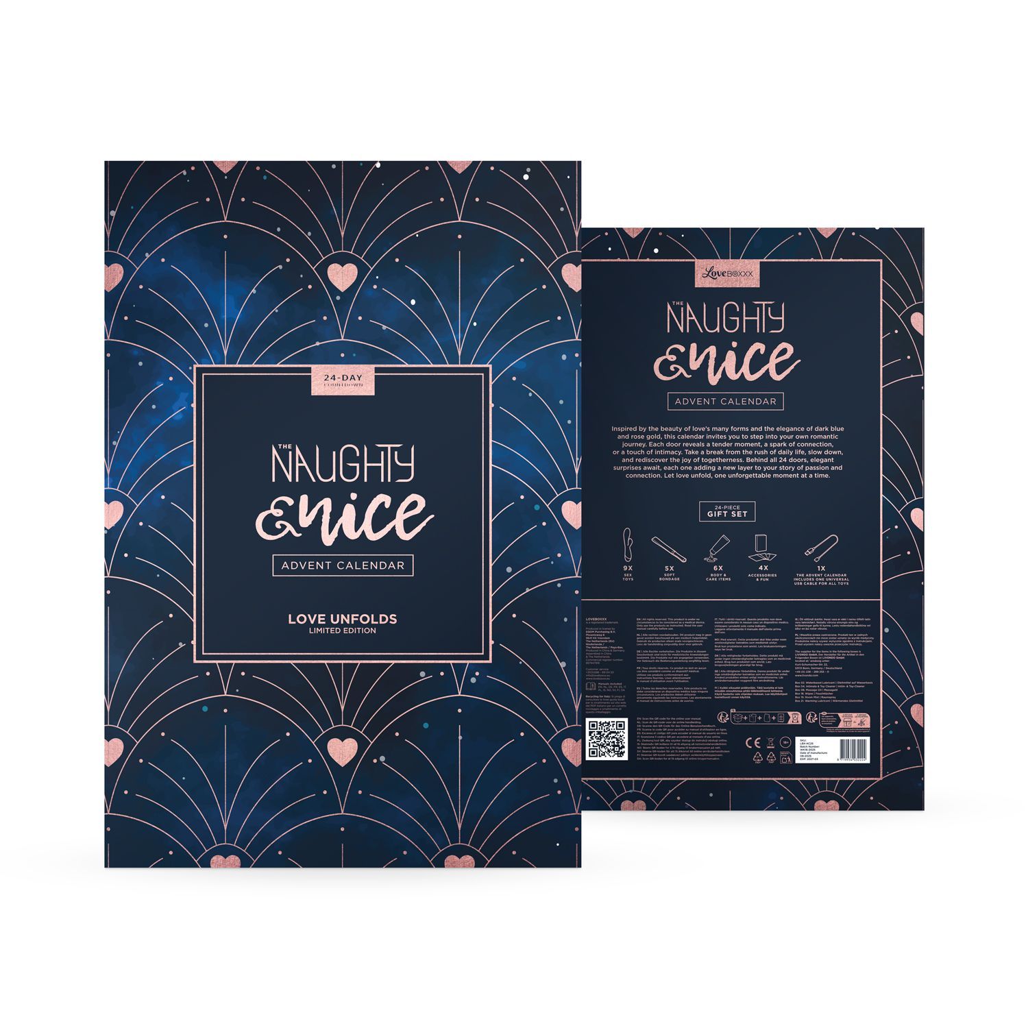 Adventskalender, geschlossen. Blaue und rosafarbene Elemente. Aufschrift: Naughty & Nice Adventskalender.