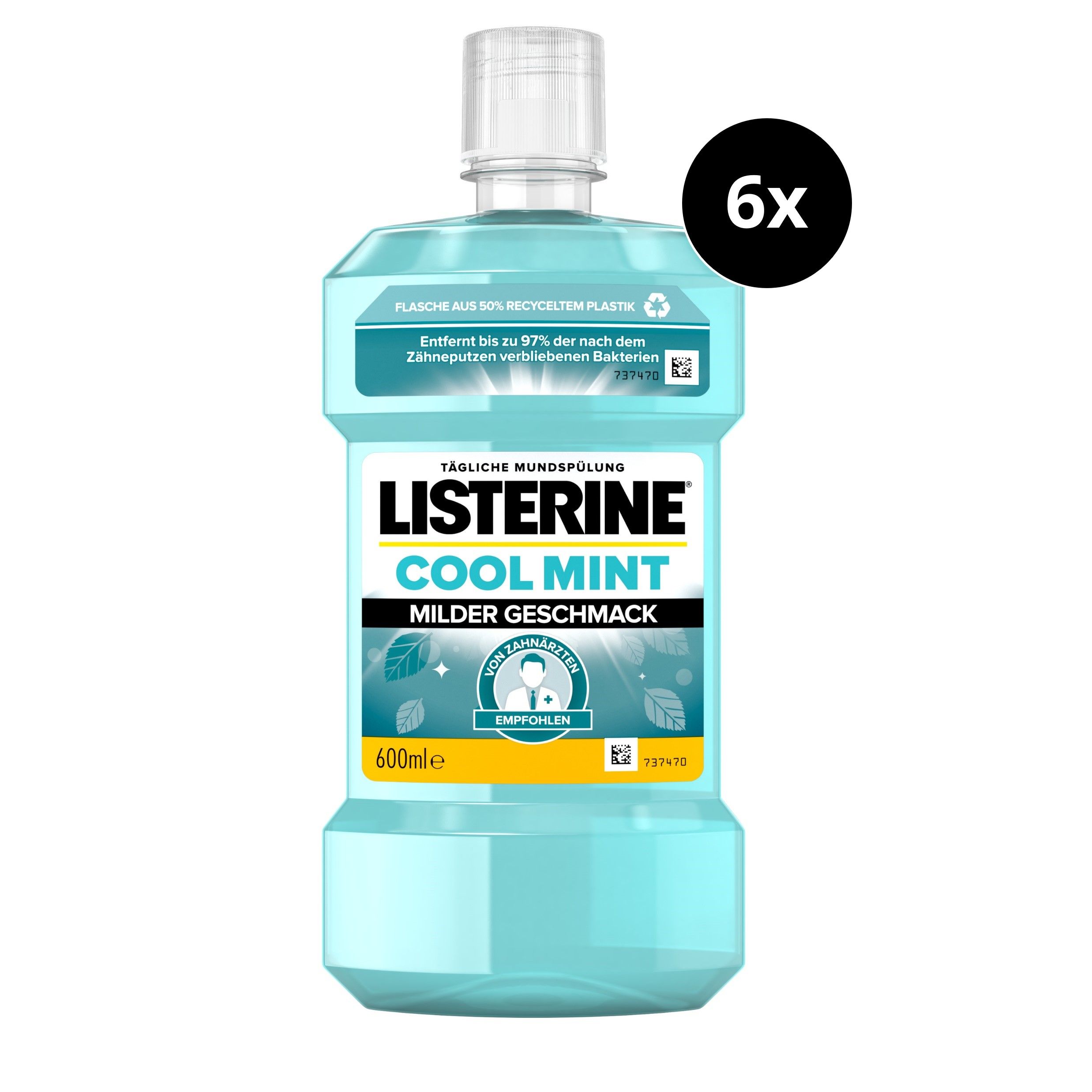 Listerine Cool Mint Mundspülung, blaue Flasche mit weißem Deckel. Aufschrift: Cool Mint, milder Geschmack. 6x Packung.