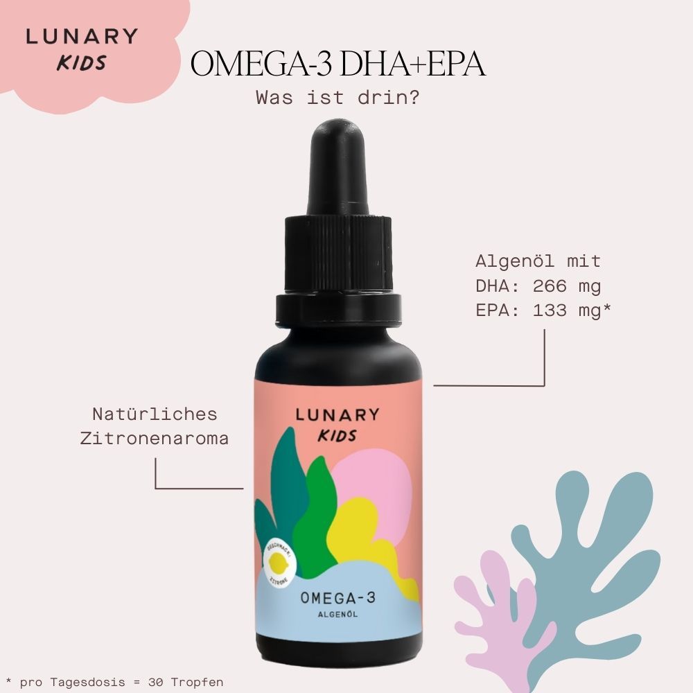 Braune Flasche mit schwarzem Deckel und Pipette. Etikett mit Produktnamen. Text: Omega-3 Algenöl. Inhaltsstoffe.