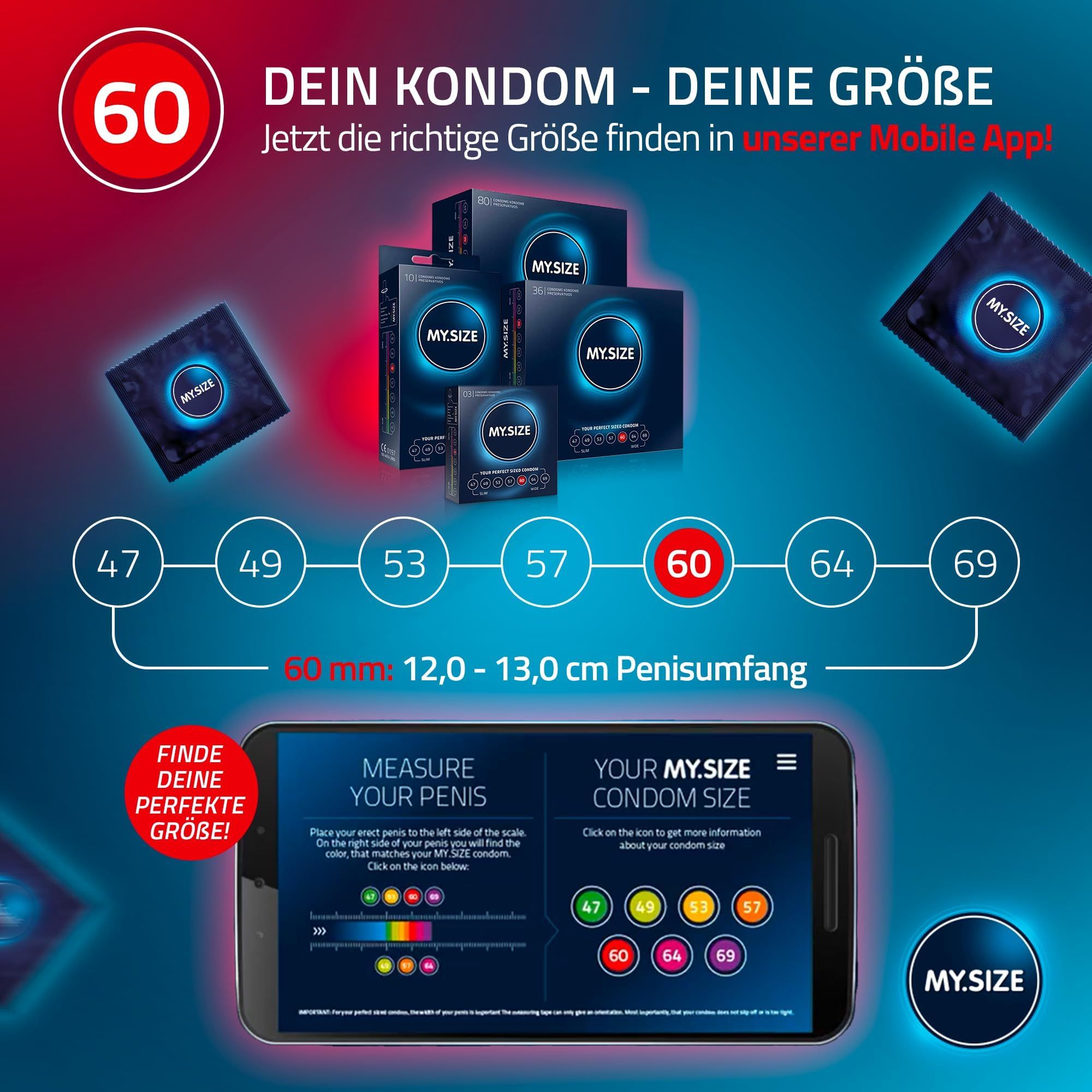 MY.SIZE Kondompackung mit 80 Kondomen, 60 mm Breite.