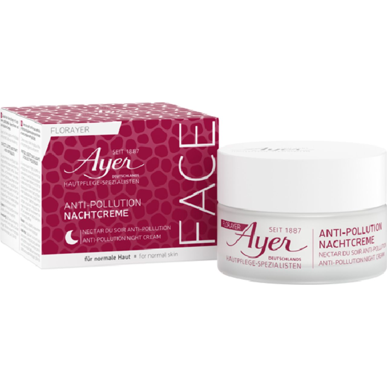 Creme-Tiegel und Schachtel. Aufschrift: Ayer, Anti-Pollution Nachtcreme. Für normale Haut.