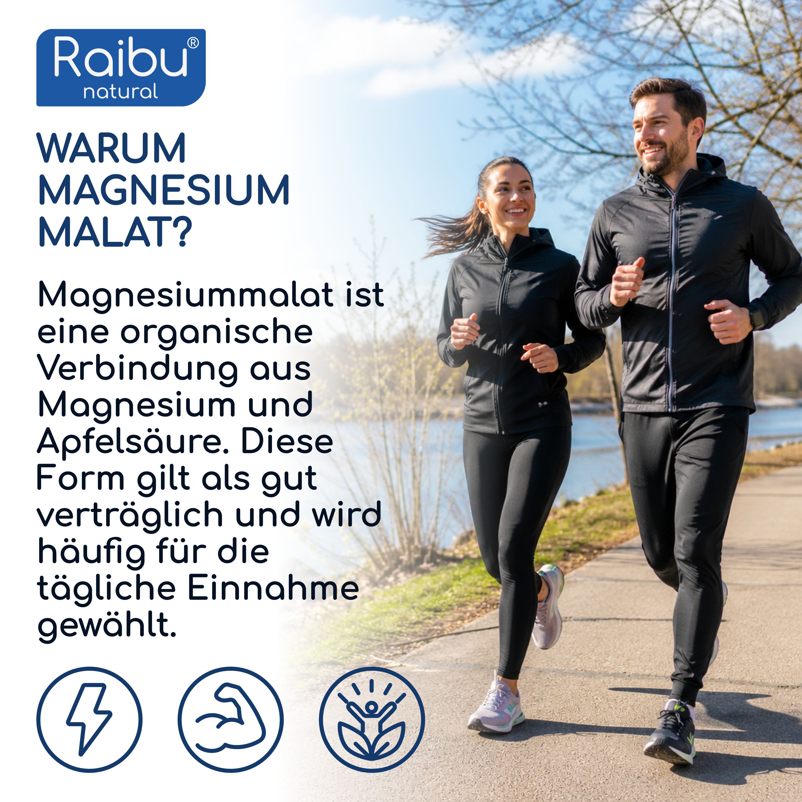 Ein Mann und eine Frau laufen im Freien. Text erklärt Magnesiummalat.