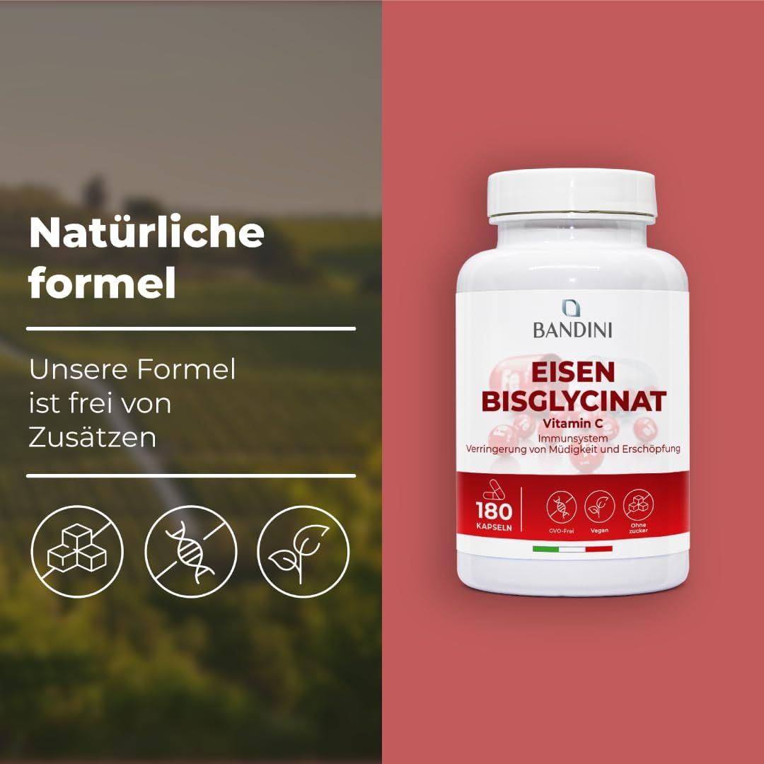 Bandini Eisen-Bisglycinat Kapsel. Weiße Flasche mit roter Beschriftung. Text: Natürliche Formel. Frei von Zusätzen. 180 Kapseln.