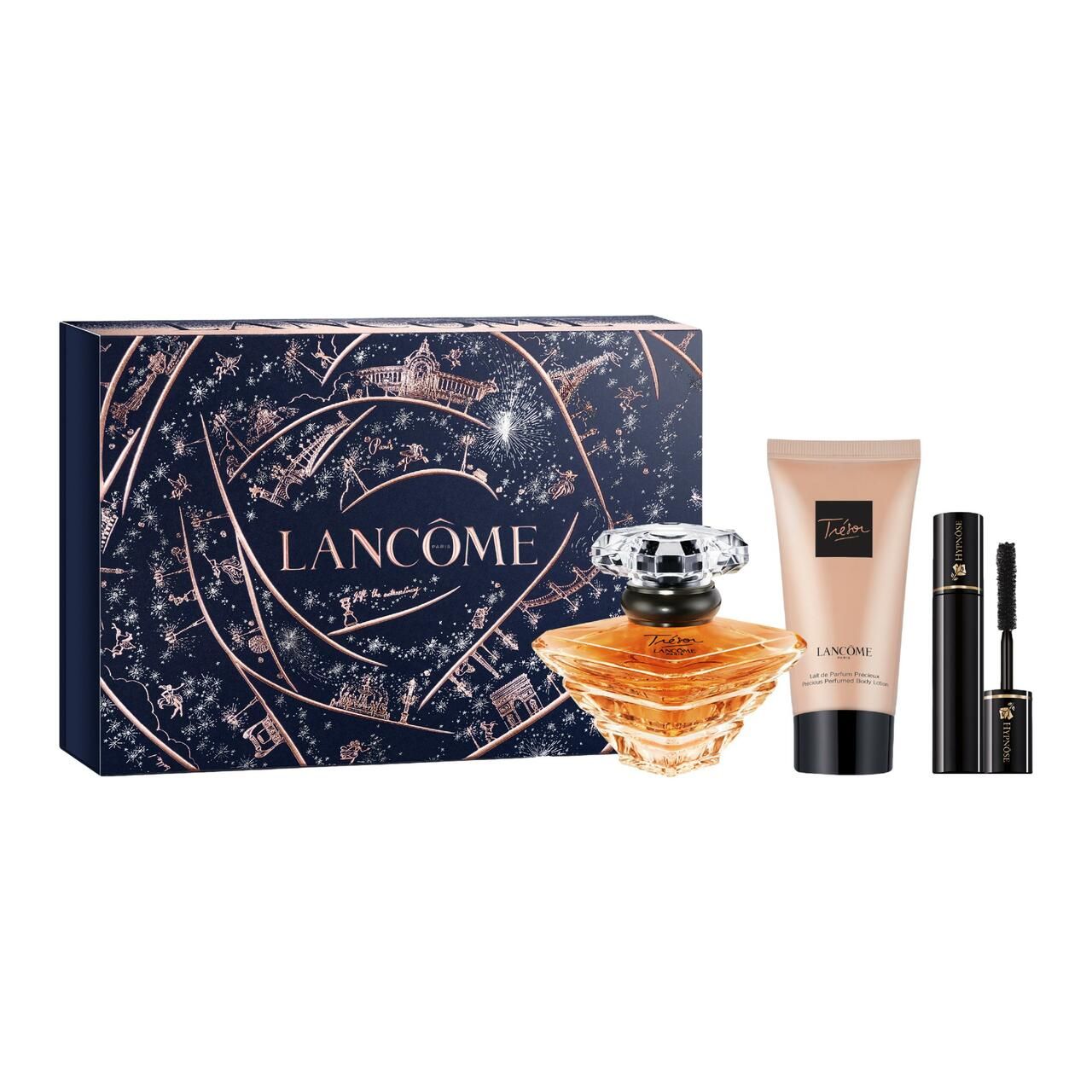 Geschenkset mit Parfumflakon, Körperlotion und Mascara. Dunkelblaue Schachtel mit goldenen Verzierungen. Flakon mit Kristallverschluss.