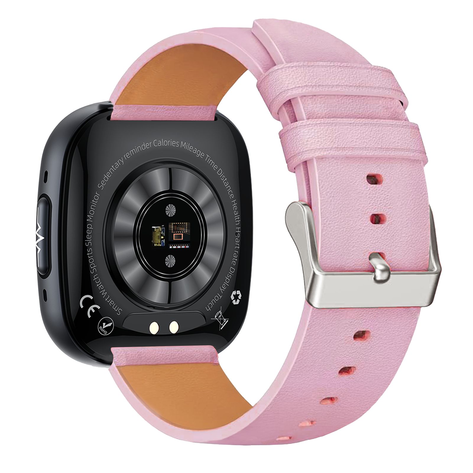 Smartwatch mit rosa Lederarmband. Schwarzes Gehäuse, Herzfrequenzsensor auf der Rückseite. CE-Zeichen.