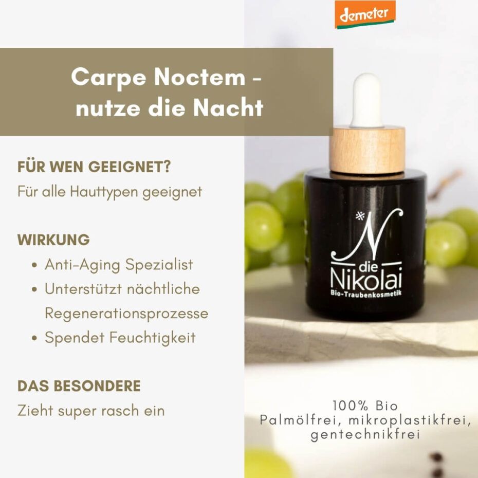 Glasflasche mit Pipette und Holzdeckel, daneben eine geöffnete Faltschachtel. "die Nikolai" Bio-Traubenkosmetik.