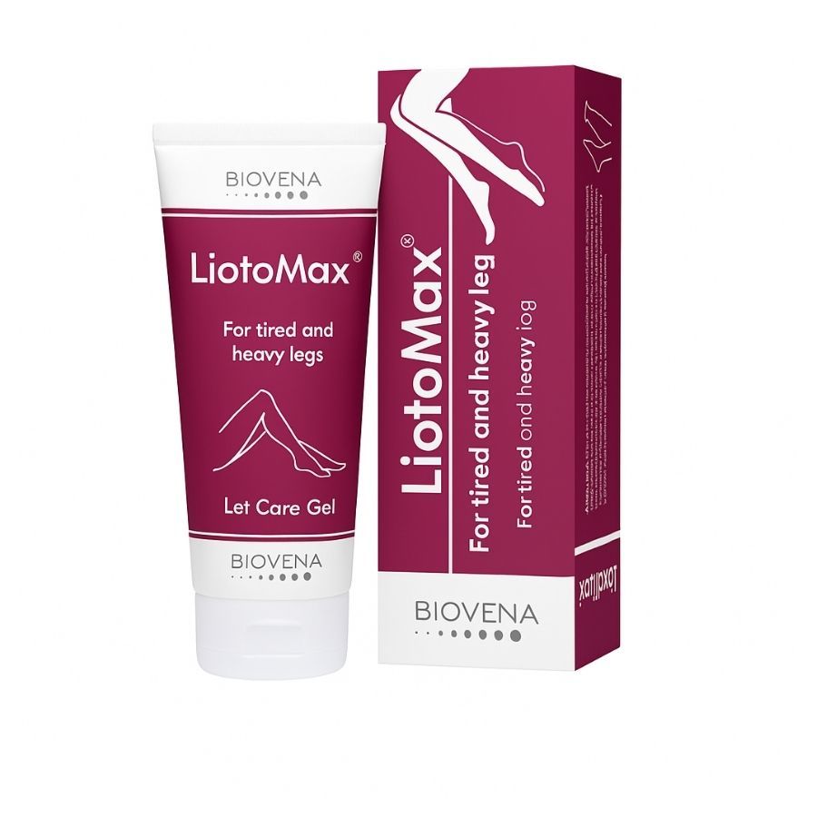 Tubo e scatola LiotoMax. Scritta: Per gambe stanche e pesanti. Marchio: Biovena.