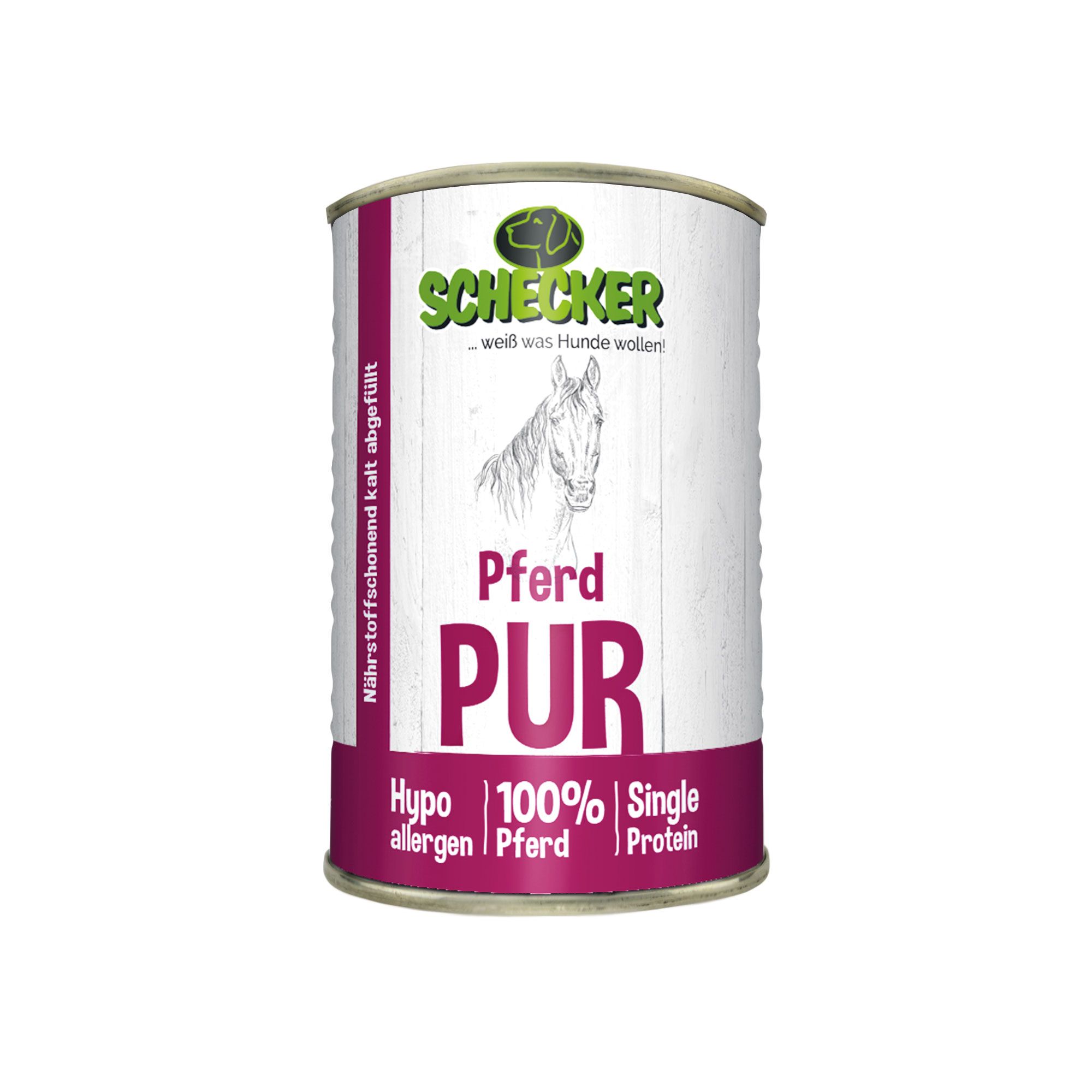 Eine Dose Hundefutter mit der Aufschrift "Pferd PUR".