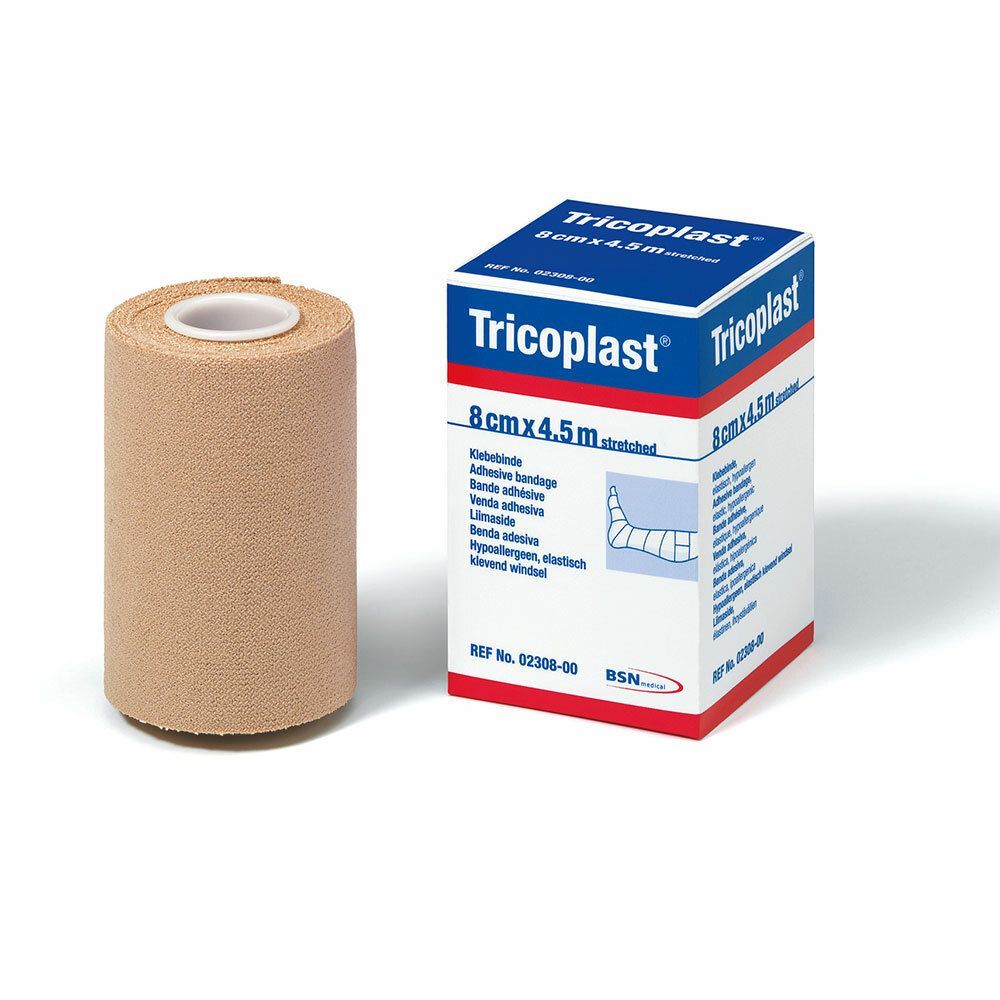 Beige Rolle und Karton. Karton mit Tricoplast-Logo, 8cmx4.5m. Klebebinde. BSN-Logo.