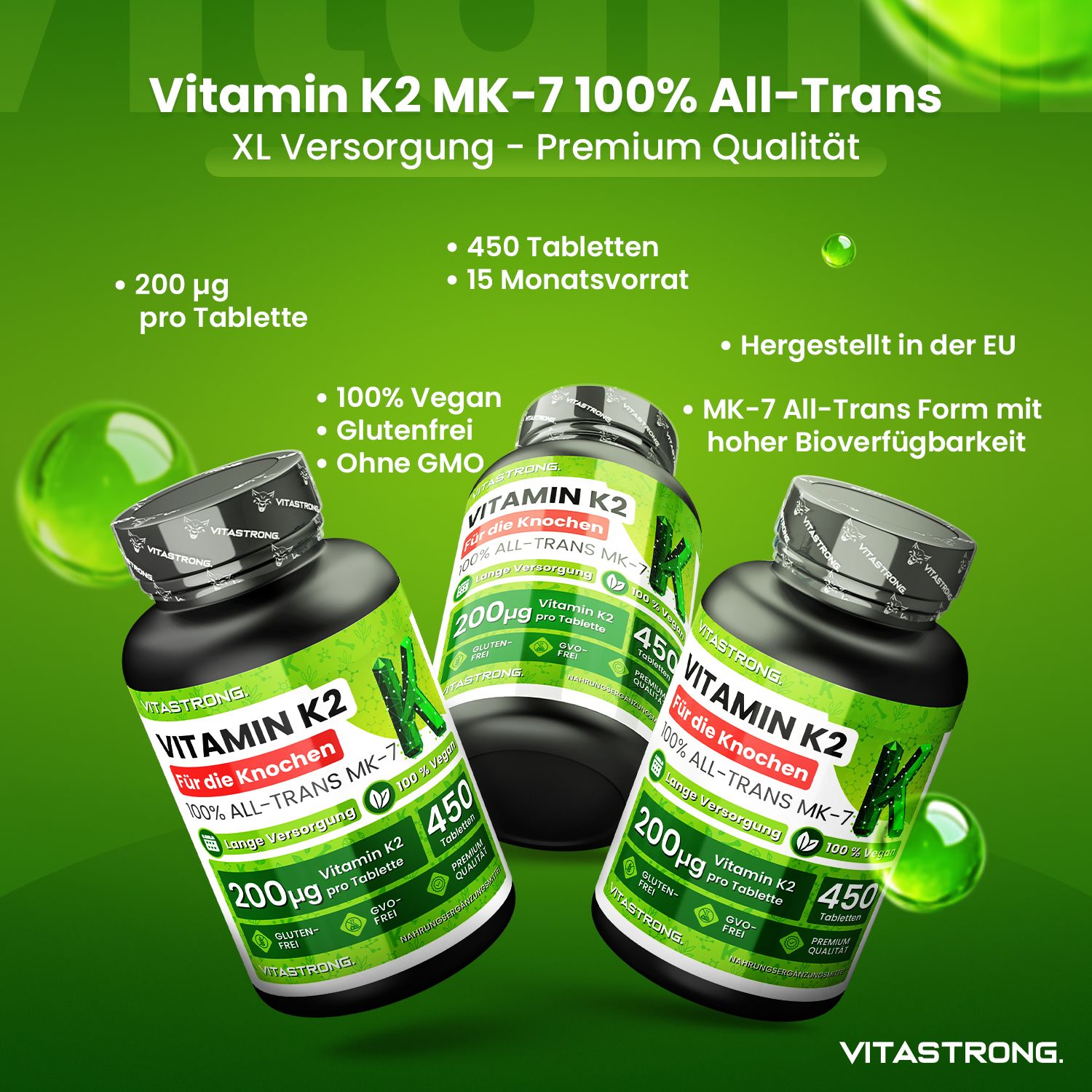 Drei Flaschen Vitamin K2. 450 Tabletten, 200µg pro Tablette. Vegan, glutenfrei, ohne GVO. Hergestellt in der EU.