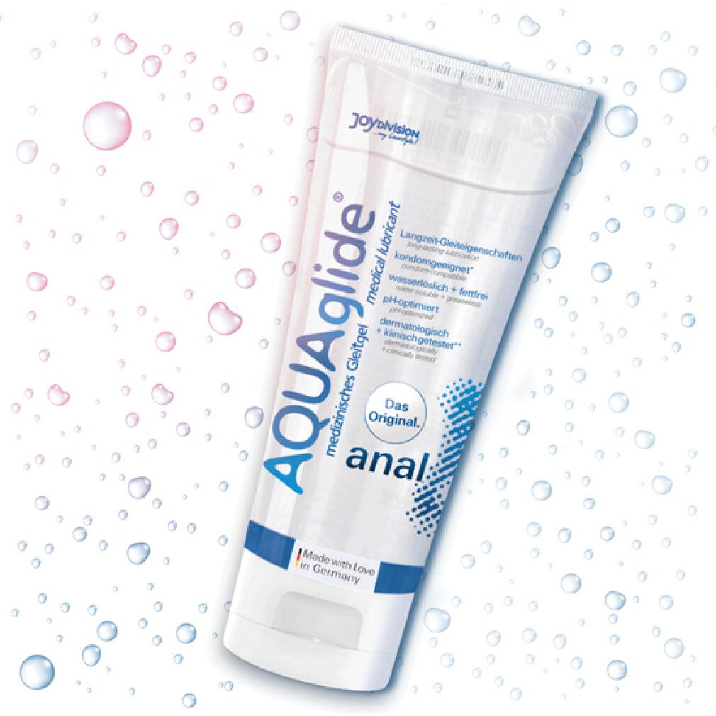 AQUAglide Anal Gleitgel in einer Tube. Aufschrift: Medizinisch Gleitgel, wasserlöslich, pH-optimiert, dermatologisch getestet.