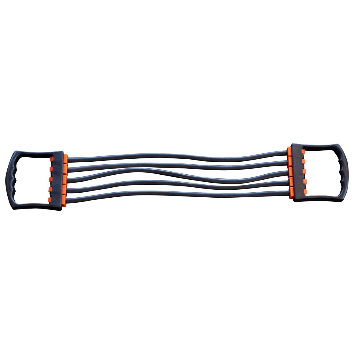 Fitnessband mit Griffen. Schwarze Bänder, orangefarbene Verbindungen und schwarze Griffe. Auf weißem Hintergrund.