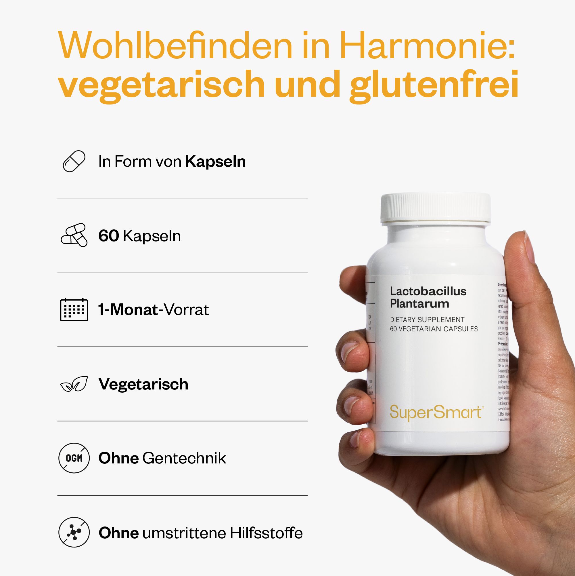 Person hält eine weiße Flasche. Auf der Flasche: Lactobacillus Plantarum, 60 Kapseln. Marke: SuperSmart. Weitere Informationen.