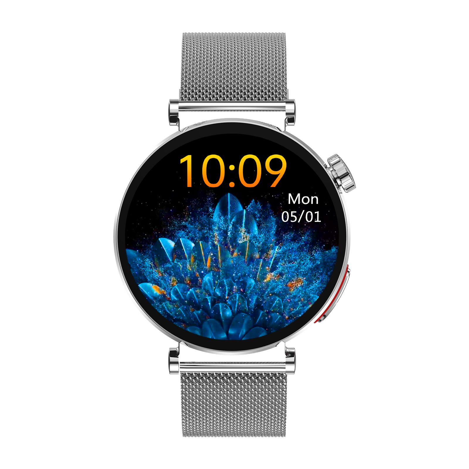 Silberfarbene Smartwatch mit rundem Zifferblatt. Auf dem Display: Uhrzeit und Datum. Hintergrund: blaues, abstraktes Muster. Edelstahl-Armband.