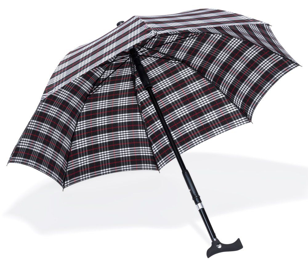 Gehstock-Regenschirm, geöffnet. Schwarz-weiß kariertes Dach. Schwarzer Griff und Schaft. Griff mit Krückengriff.