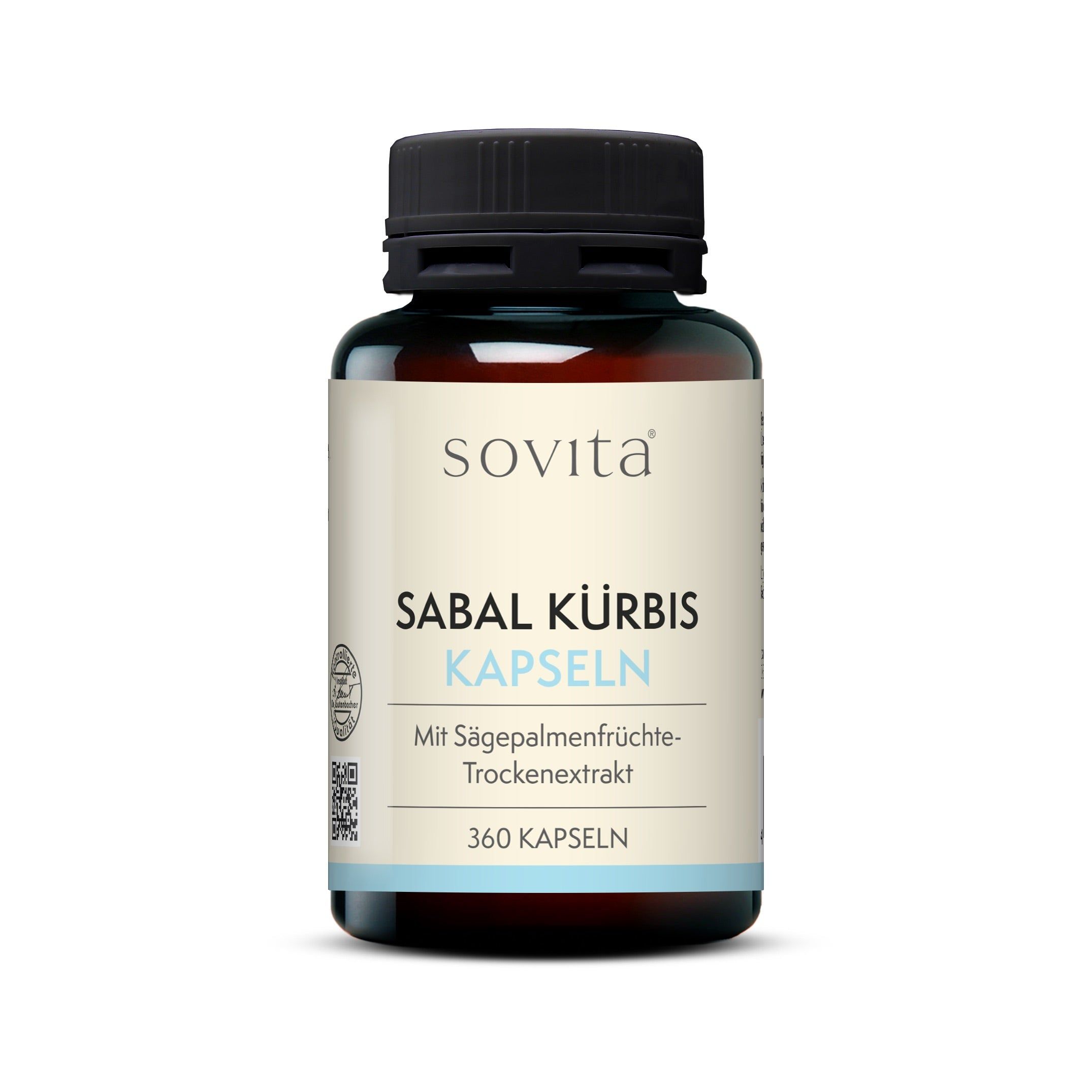 Braune Glasflasche mit schwarzen Deckel. Aufschrift: Sabal Kürbis Kapseln, 360 Kapseln. Marke: sovita.