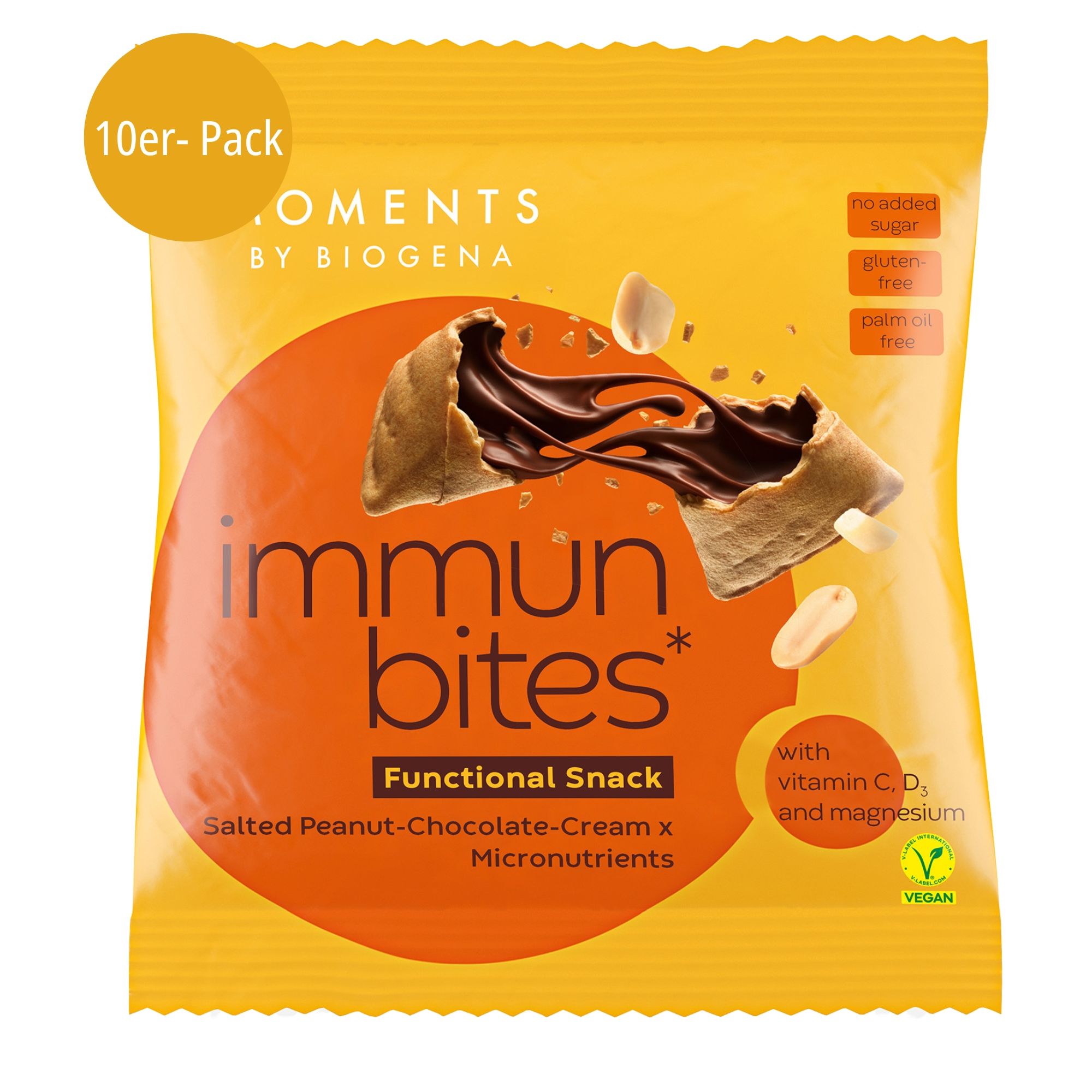 Gelbe Verpackung mit "Moments by BIOGENA immun bites". Geöffneter Snack mit Schokoladencreme. Vegan-Siegel. Text: "Functional Snack".