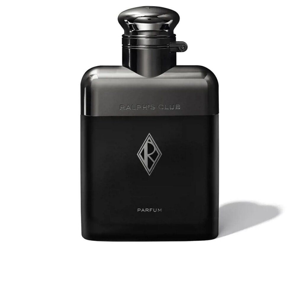 Schwarzer Flakon mit silbernem Verschluss. Aufschrift RALPH'S CLUB, PARFUM und Logo. Quadratische Form.