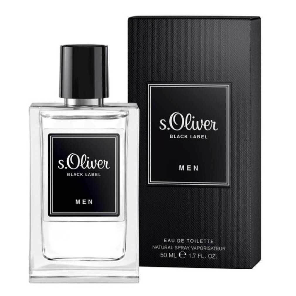 Flakon und Verpackung von s.Oliver Black Label Uomo. Schwarzes Etikett mit weißer Schrift. Eau de Toilette.