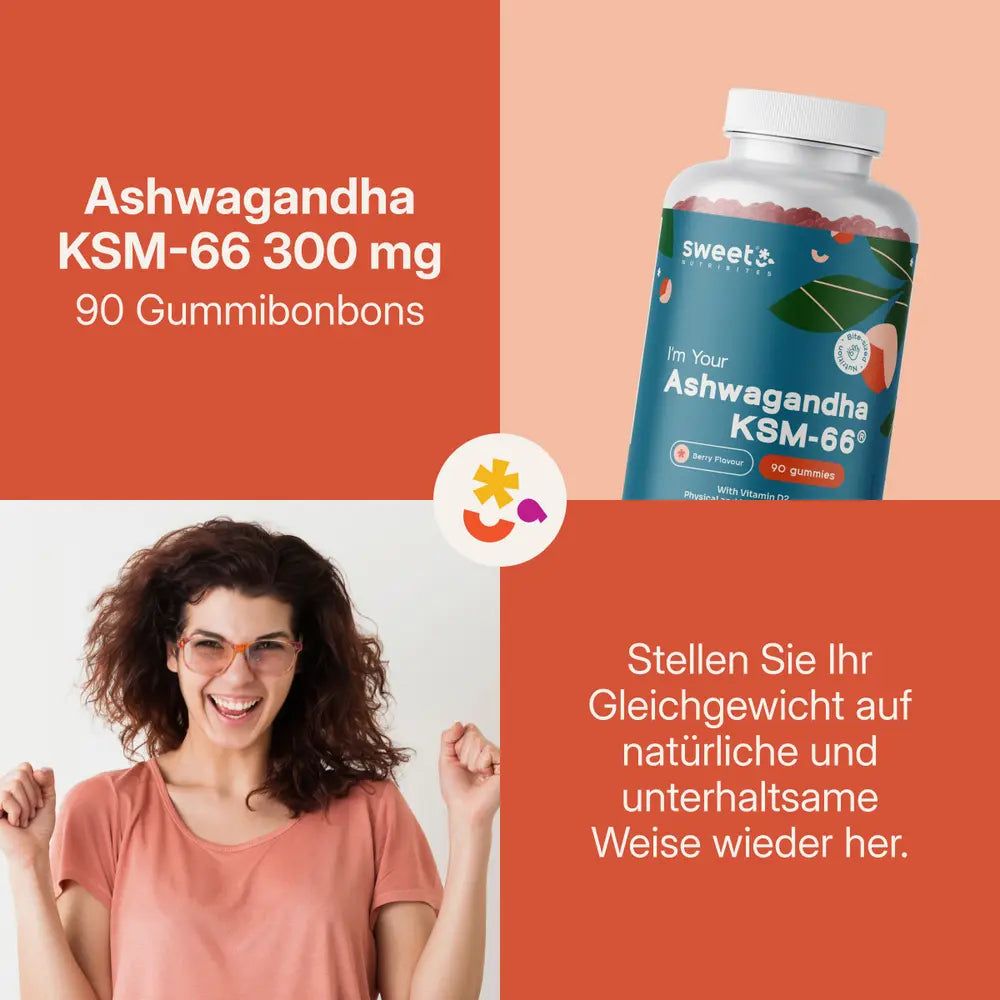 Frau mit Brille und erhobenen Armen. Neben ihr: Ashwagandha KSM-66 300 mg, 90 Gummibonbons. Flasche mit Gummibärchen.
