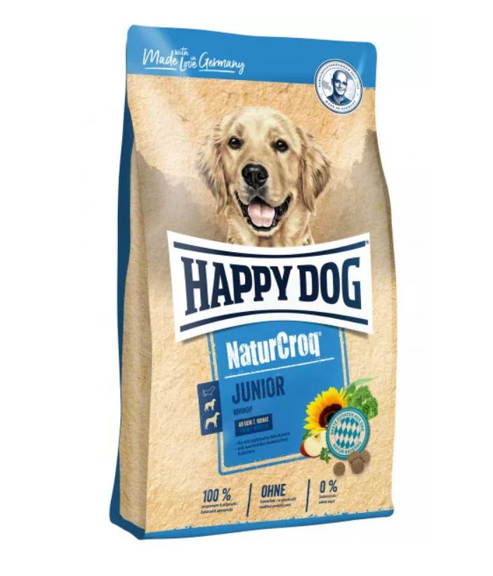 Hundefutterbeutel Happy Dog NaturCroq Junior. Abbildung eines Golden Retrievers. Blaue und beige Verpackung mit Produktnamen.