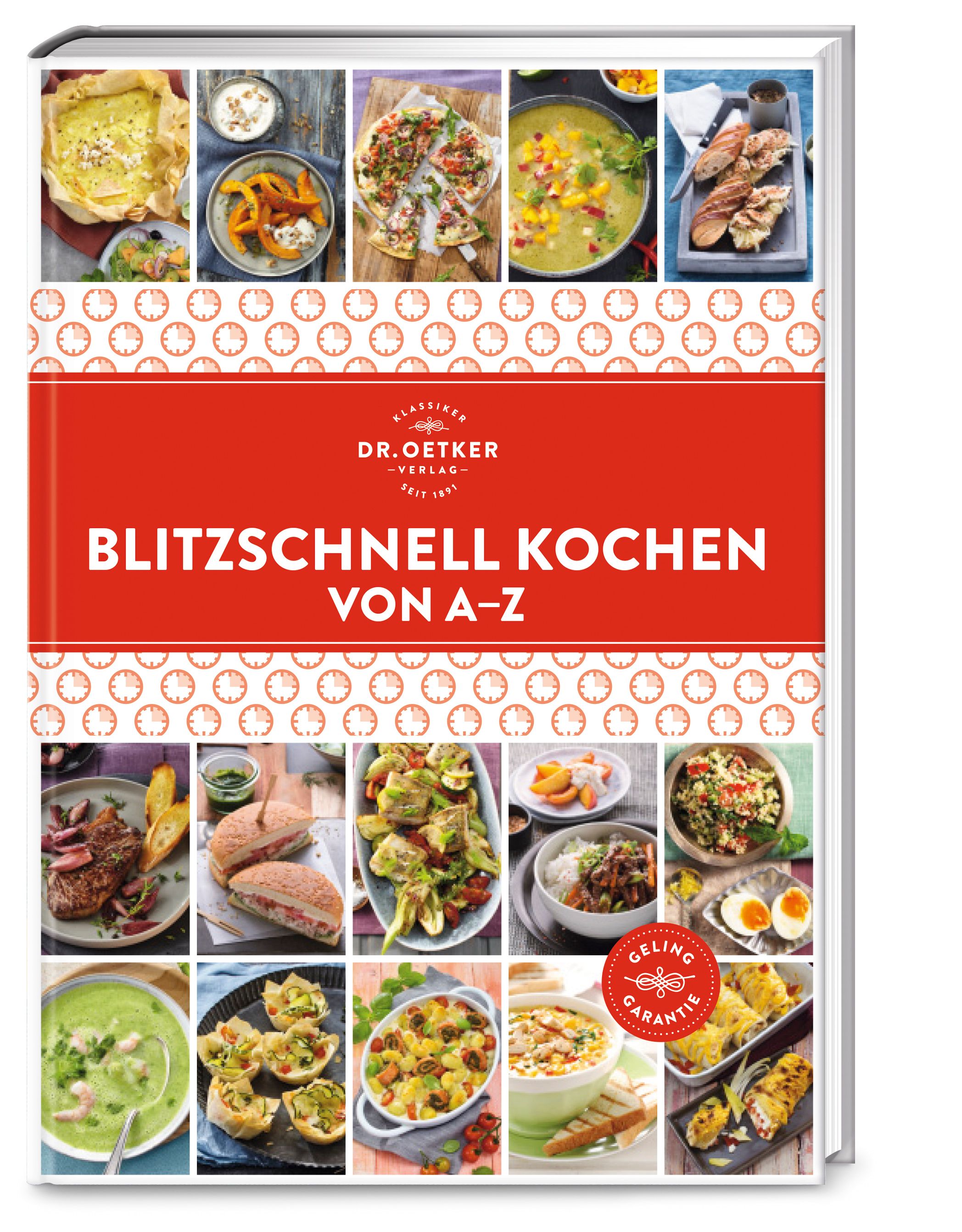 Kochbuch "Blitzschnell Kochen von A-Z". Roter Titelbereich mit weißer Schrift. Oben und unten Fotos von Gerichten.
