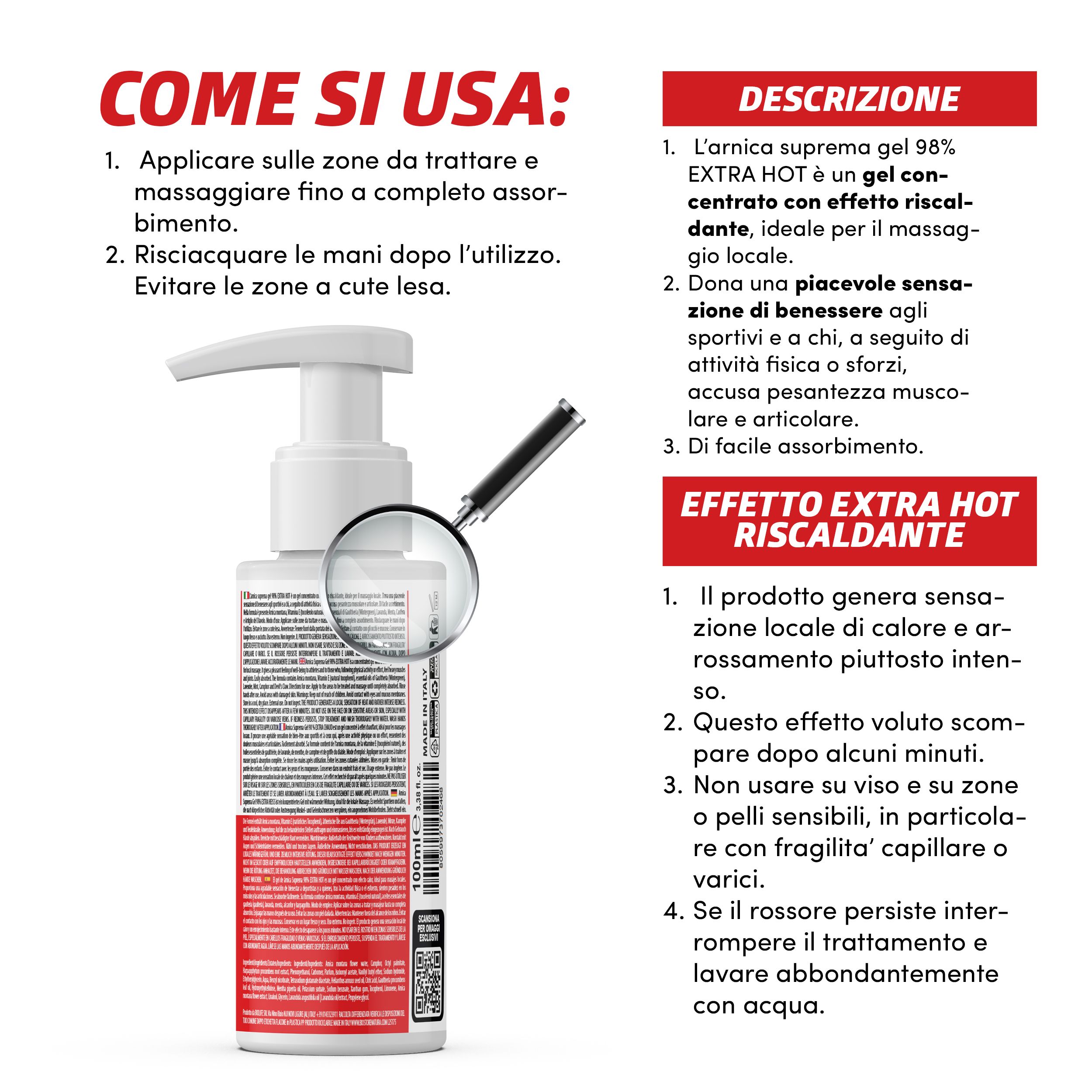 Weißer Pump-Spender mit rotem Etikett. Text: Arnika Suprema Gel Extra Hot 98%. Produktinformationen und Anwendungshinweise.