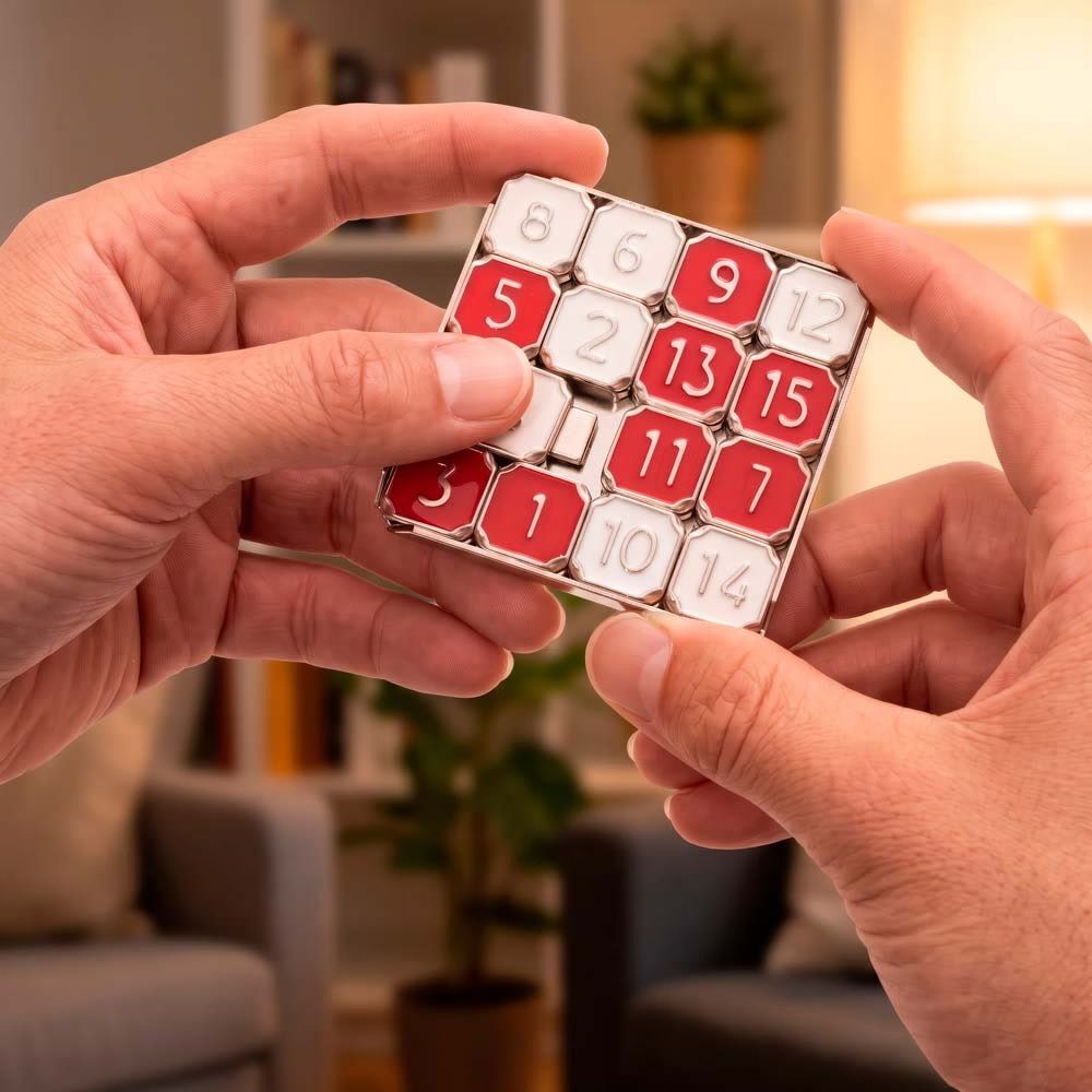 Hände bewegen die Schiebepuzzle-Teile mit Zahlen.