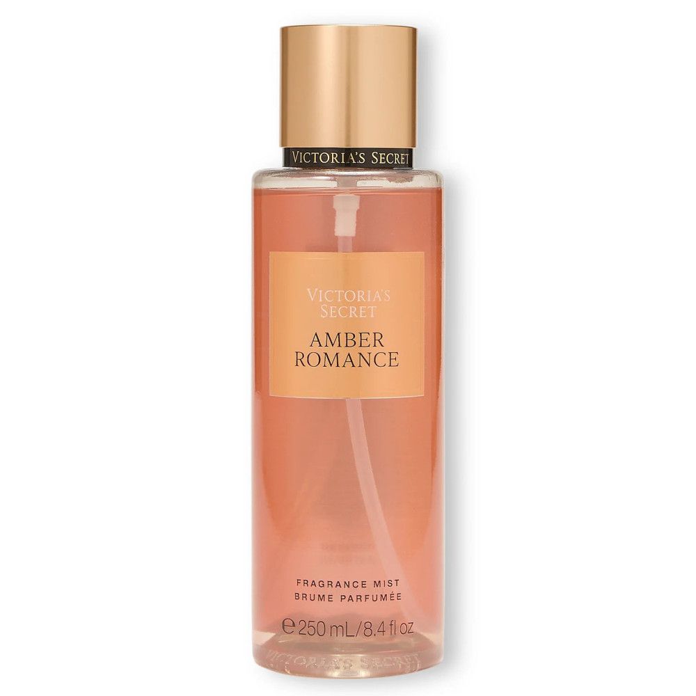 Körpernebel-Sprühflasche. Aufkleber mit "Amber Romance". Goldfarbener Deckel. Marke: Victoria's Secret.