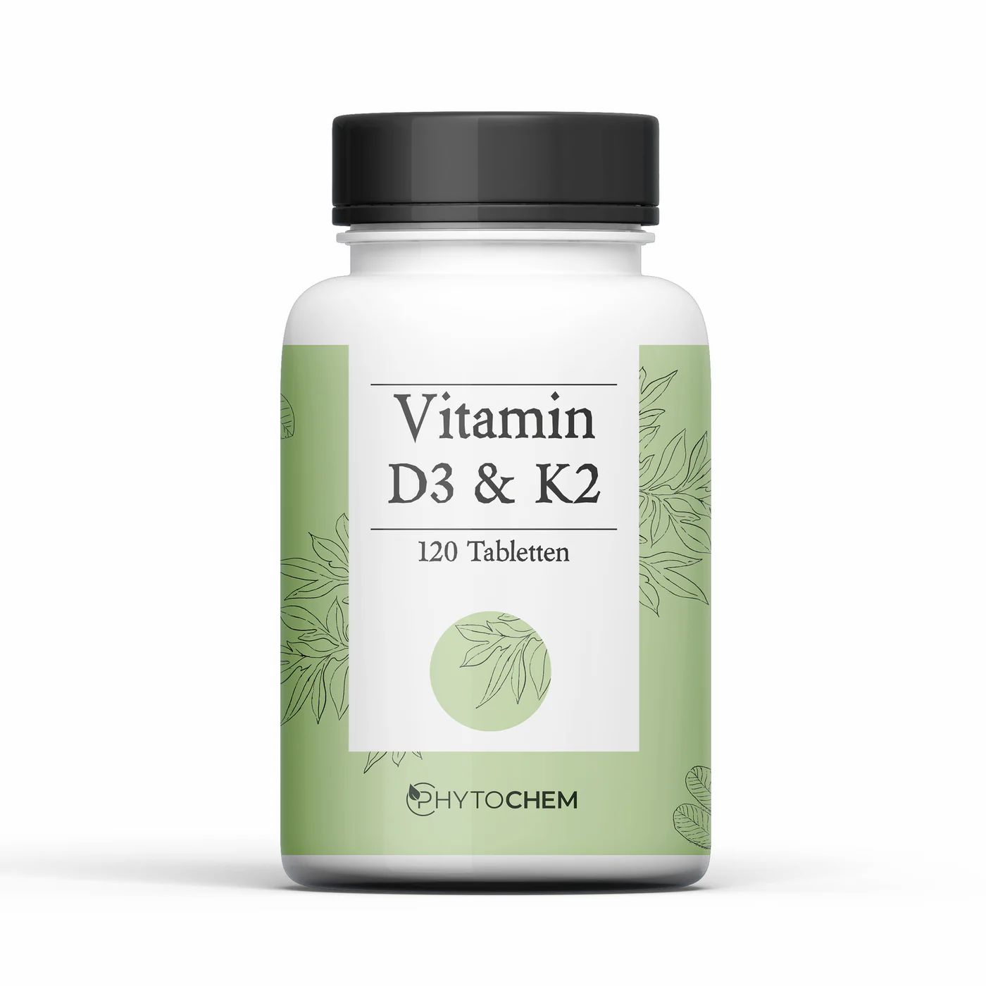 Weißes Fläschchen mit schwarzem Deckel. Aufschrift: Vitamin D3 & K2, 120 Tabletten. Grün-weiße Etikett mit Logo.