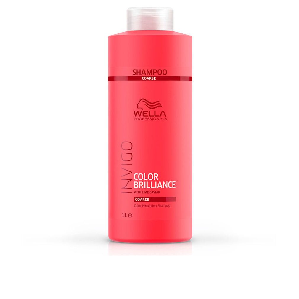 Rote Shampoo-Flasche. Aufschrift: Wella Invigo Color Brilliance Coarse. Mit weißem Verschluss. 1 Liter.