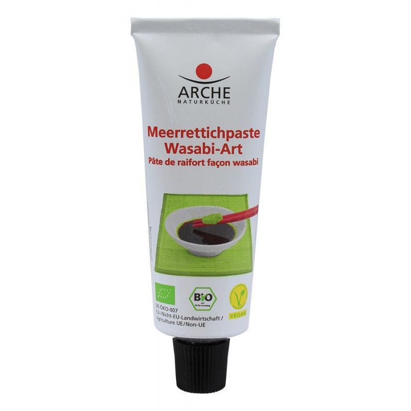 Weiße Tube mit schwarzem Verschluss. Aufdruck: Arche, Meerrettichpaste Wasabi-Art, Bio-Siegel, Vegan-Logo.