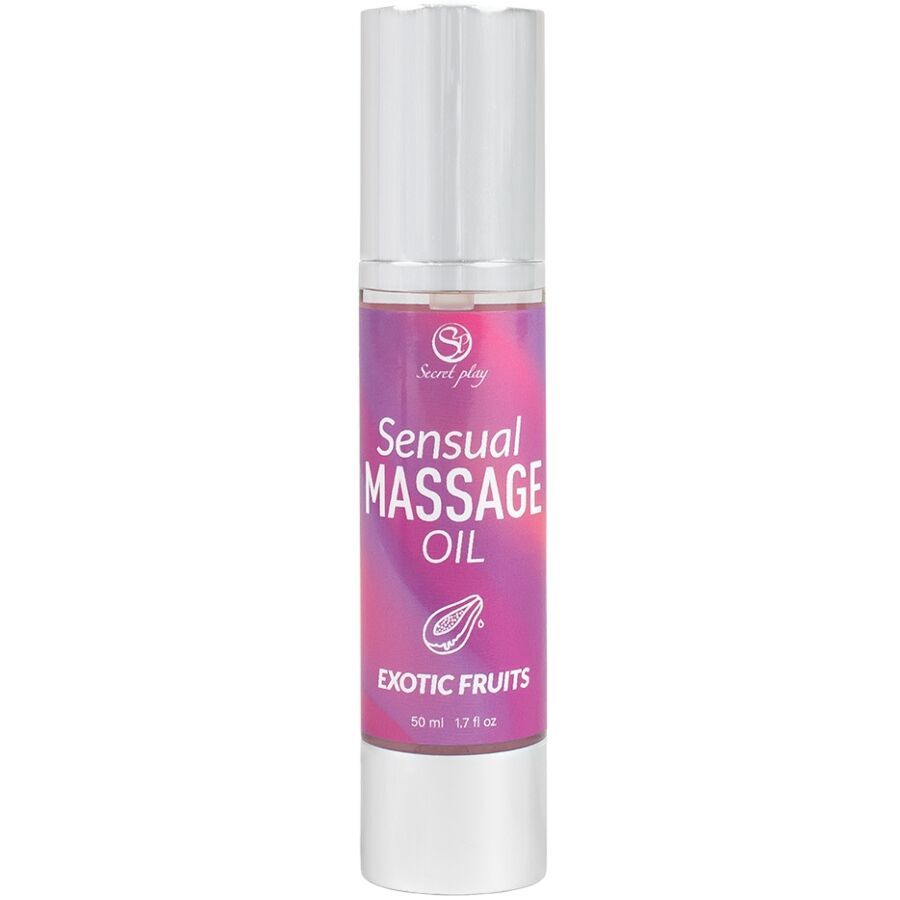 Flasche Massageöl. Aufschrift: Sensual Massage Oil Exotic Fruits. Lila Etikett, silberne Pumpe.