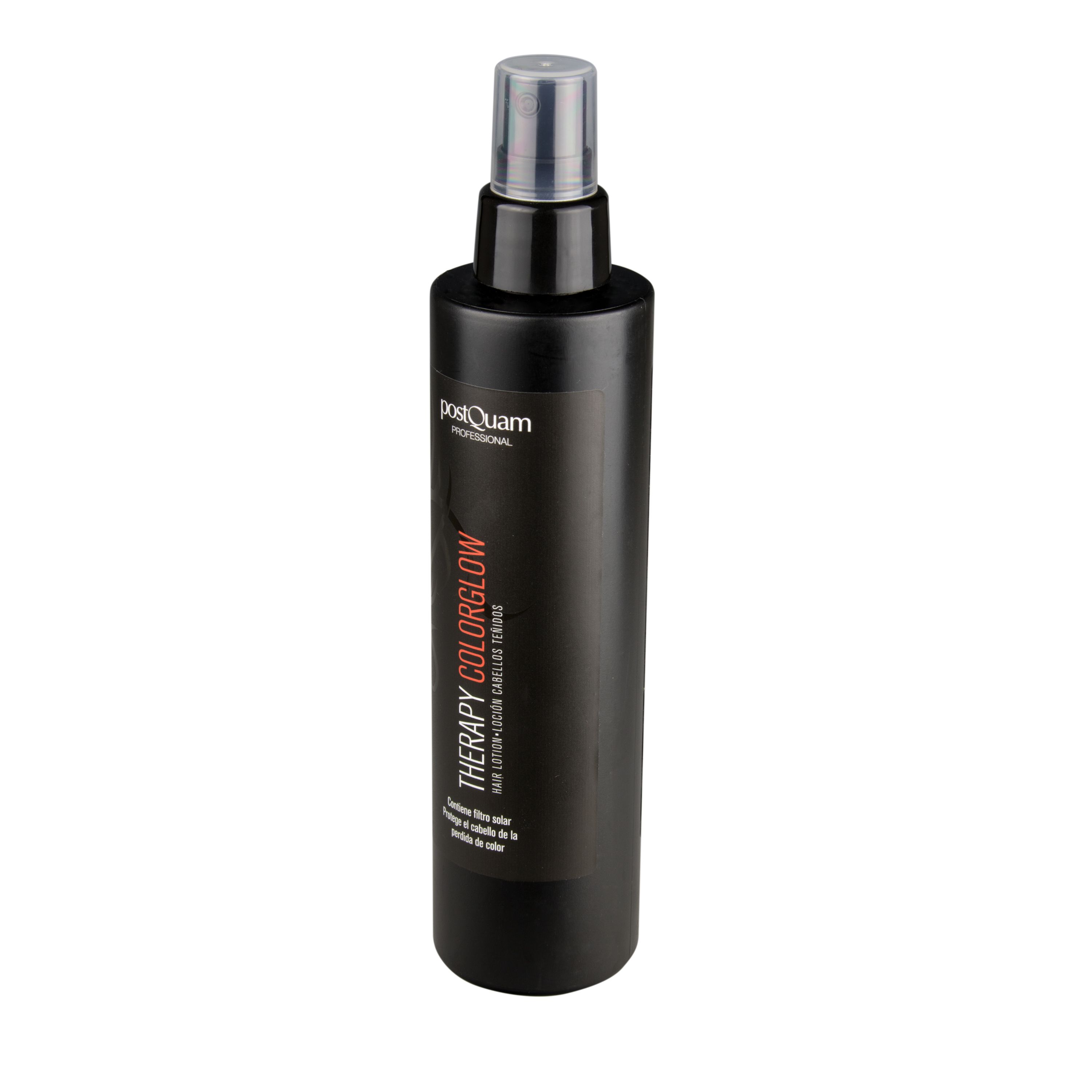 Schwarze Sprühflasche mit "postQuam PROFESSIONAL" und "THERAPY COLORGLOW". Enthält Filter, schützt vor Farbverlust.