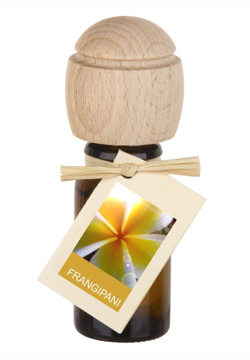 Braune Glasflasche mit Holzverschluss und Anhänger. Anhänger mit Blumenbild und Schriftzug FRANGIPANI.