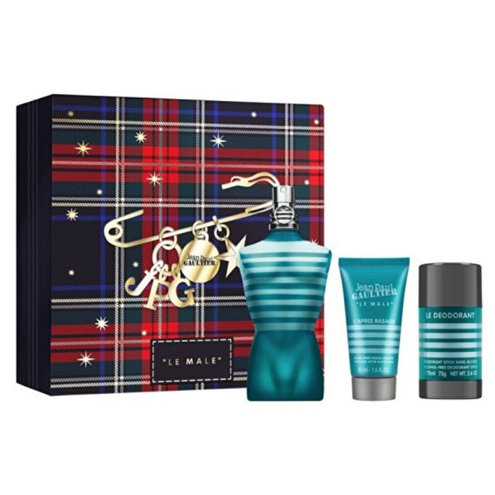 Geschenkset mit Flakon, Deodorant und After Shave. Flakon in Torsoform, blau gestreift. Verpackung mit Tartanmuster.