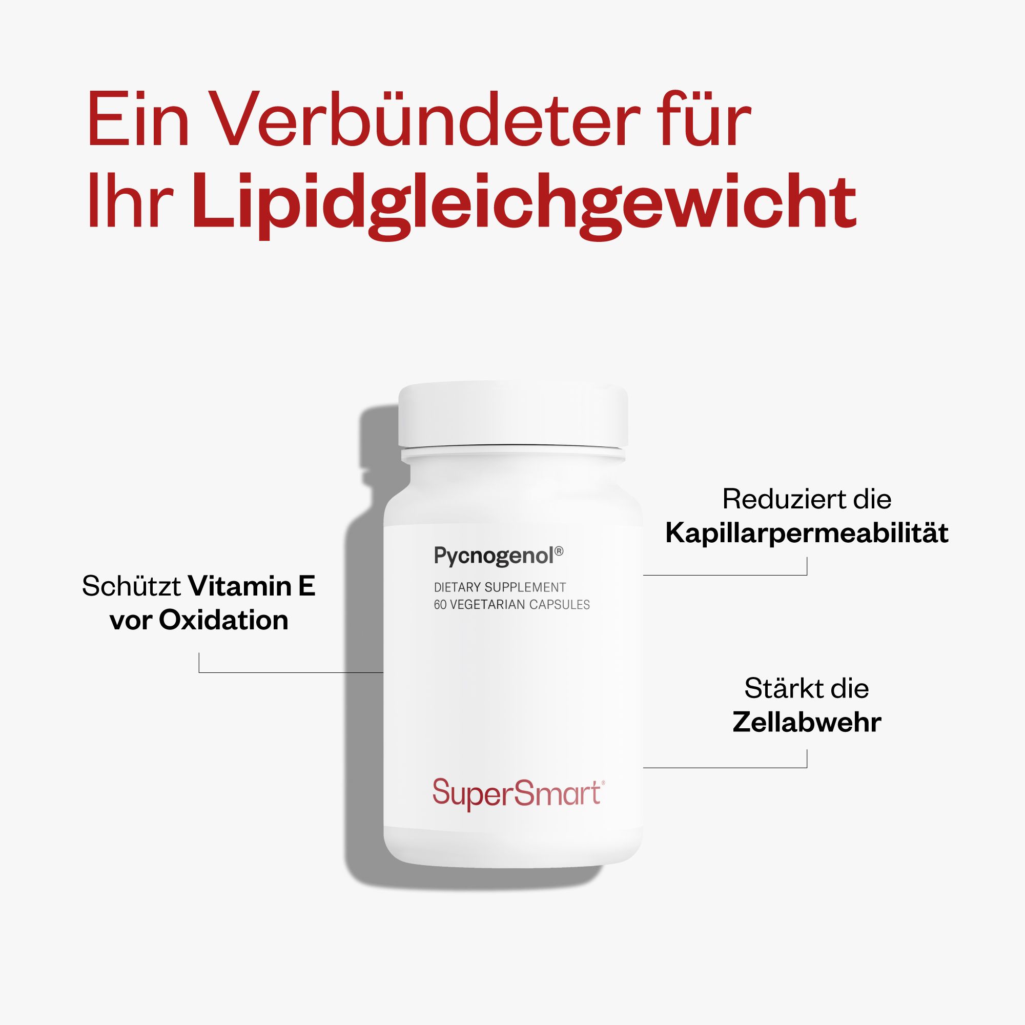 Weiße Flasche mit Pycnogenol®-Kapseln. Text: Dietary Supplement, 60 vegetarian capsules. SuperSmart-Logo. Pfeile mit Text.