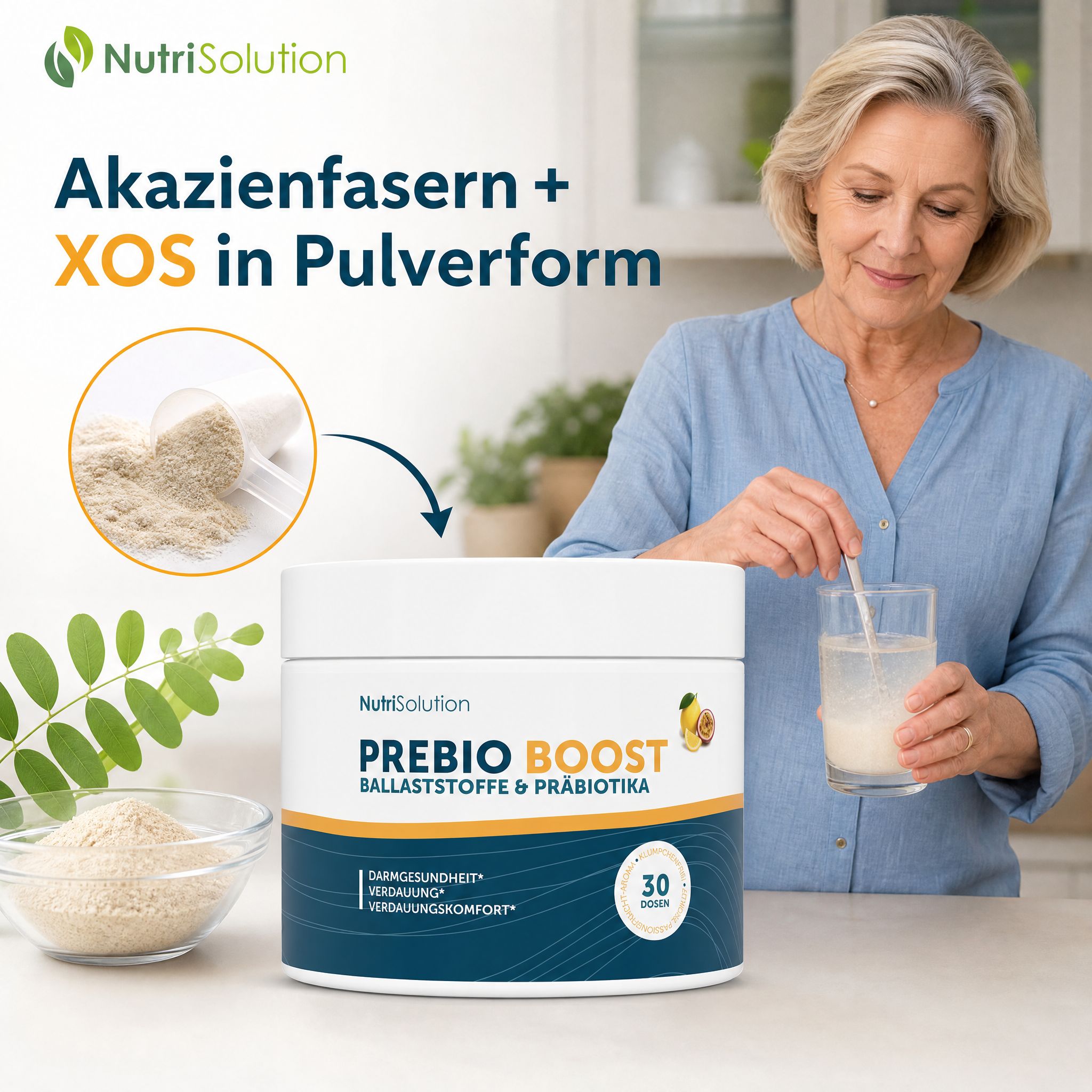 Frau rührt Pulver in Glas Wasser ein. NutriSolution Prebio Boost Dose daneben.