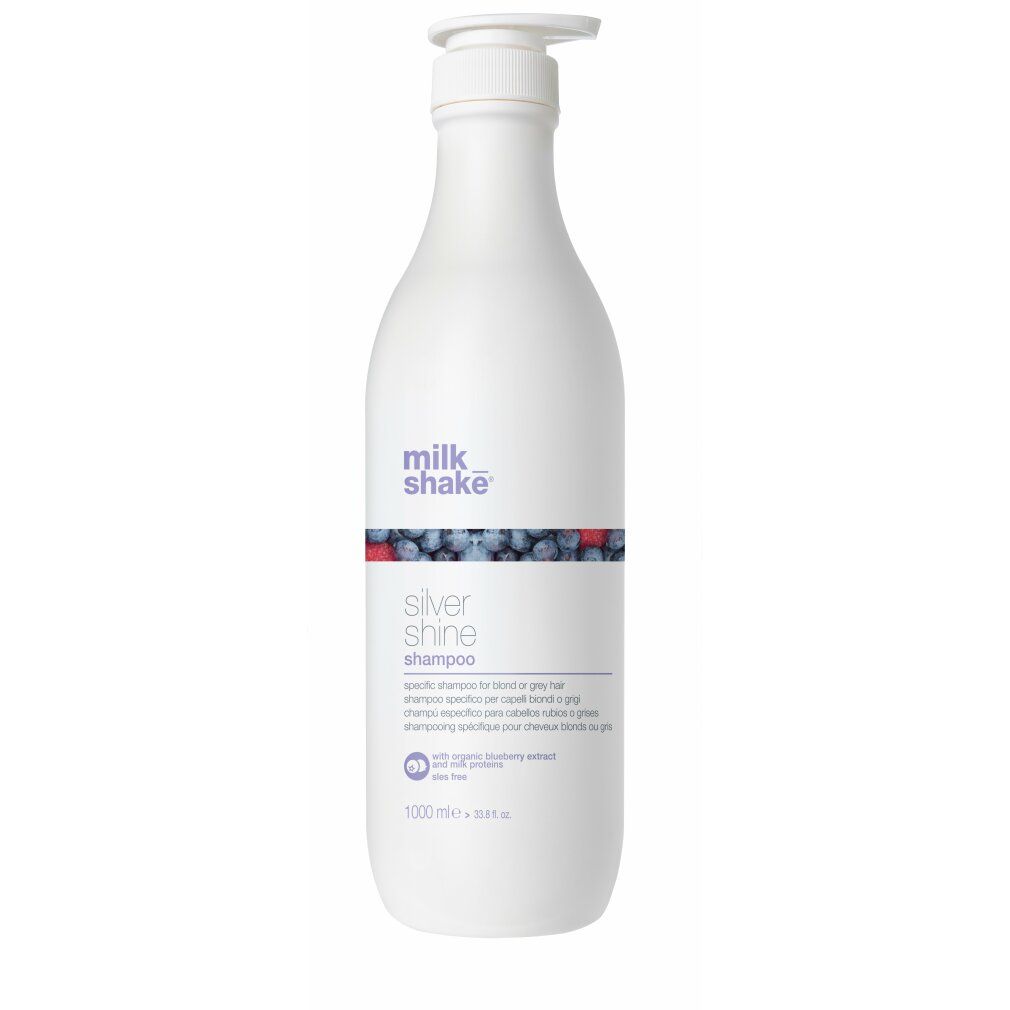 Weiße Flasche mit Pumpverschluss. Aufschrift: milk_shake, Silver Shine Shampoo. Spezifisches Shampoo für blondes oder graues Haar.