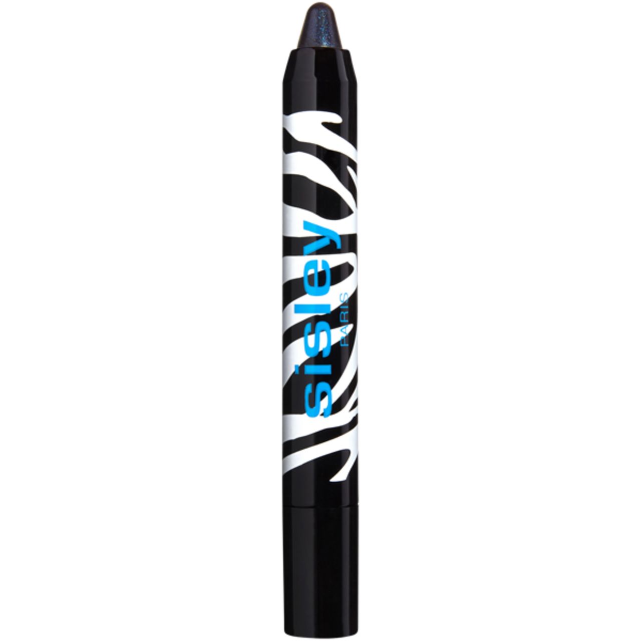Schwarzer Stift mit weißem Zebra-Muster und blauem Sisley-Schriftzug. Offen mit blauer Spitze.