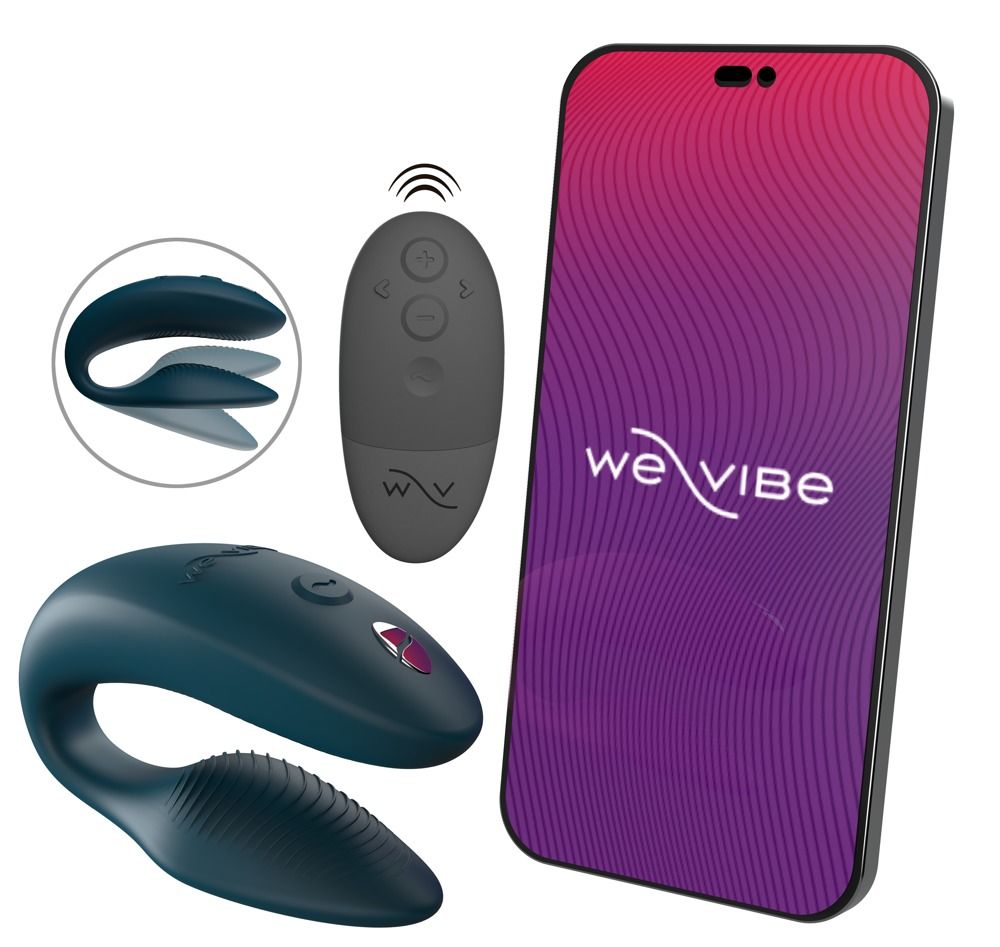 Dunkelgrünes We-Vibe Sync2-Produkt, Fernbedienung, Smartphone mit We-Vibe-Logo. Produkt und Fernbedienung in Nahaufnahme.