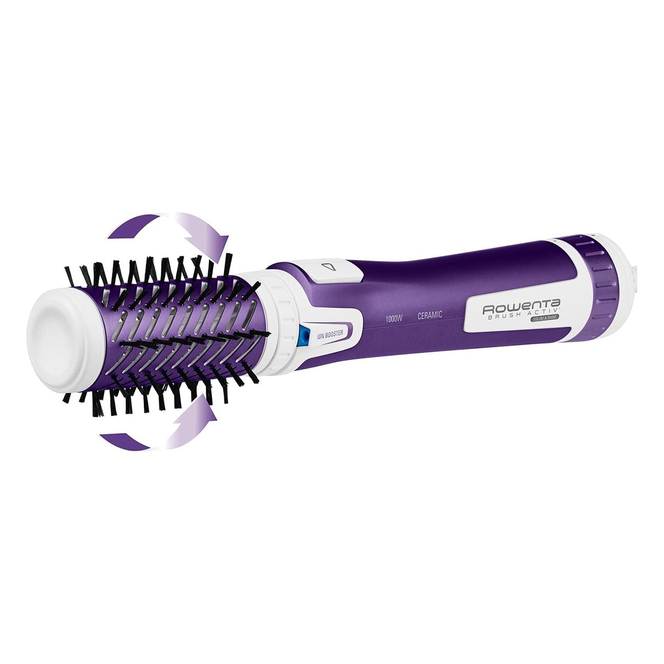 Violett-weiße Warmluftbürste. Pfeile zeigen Drehrichtung. Rowenta-Logo. Netzkabel.