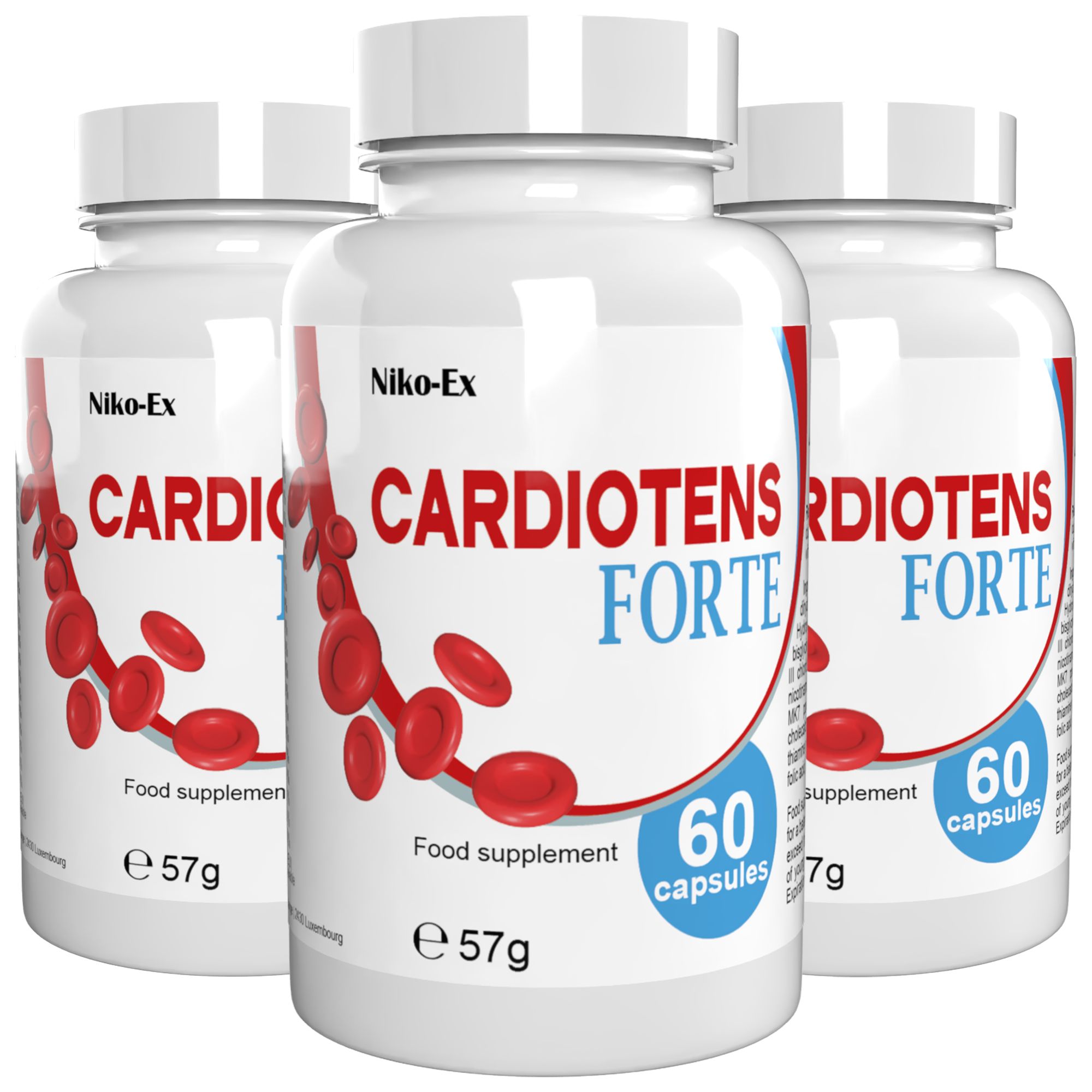 Drei Flaschen Niko-Ex Cardiotens Forte, Nahrungsergänzungsmittel mit 60 Kapseln.