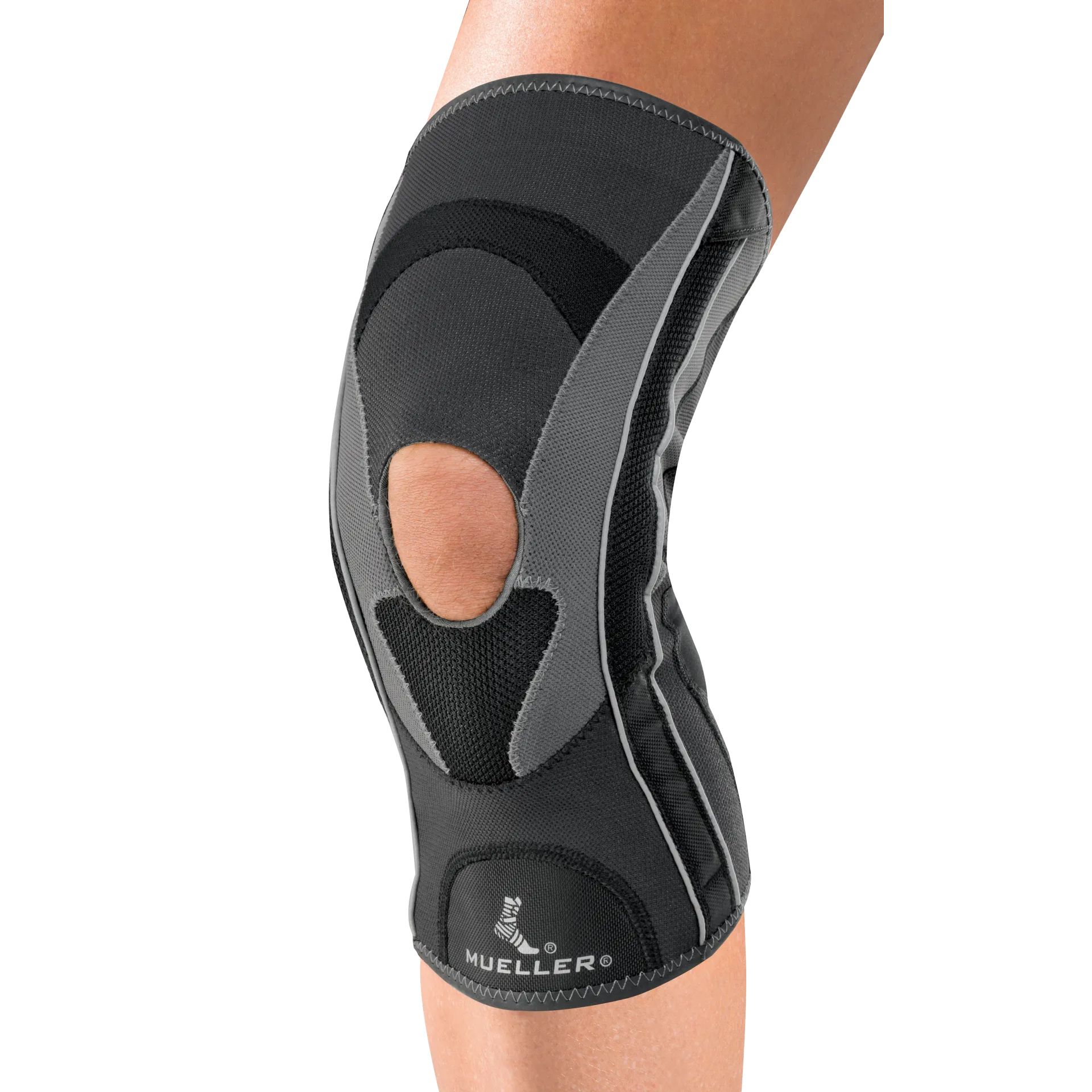 Grau-schwarze Kniebandage. Sichtbares Kniegelenk. Marke: Mueller. Graue und schwarze Bereiche.