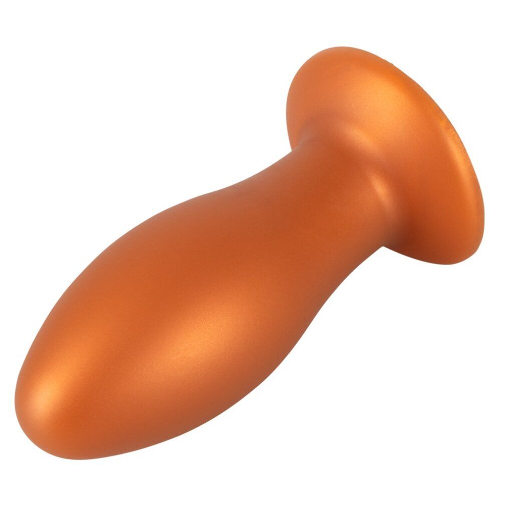 Orangefarbener Analplug, seitliche Ansicht. Breiter, flacher Sockel.